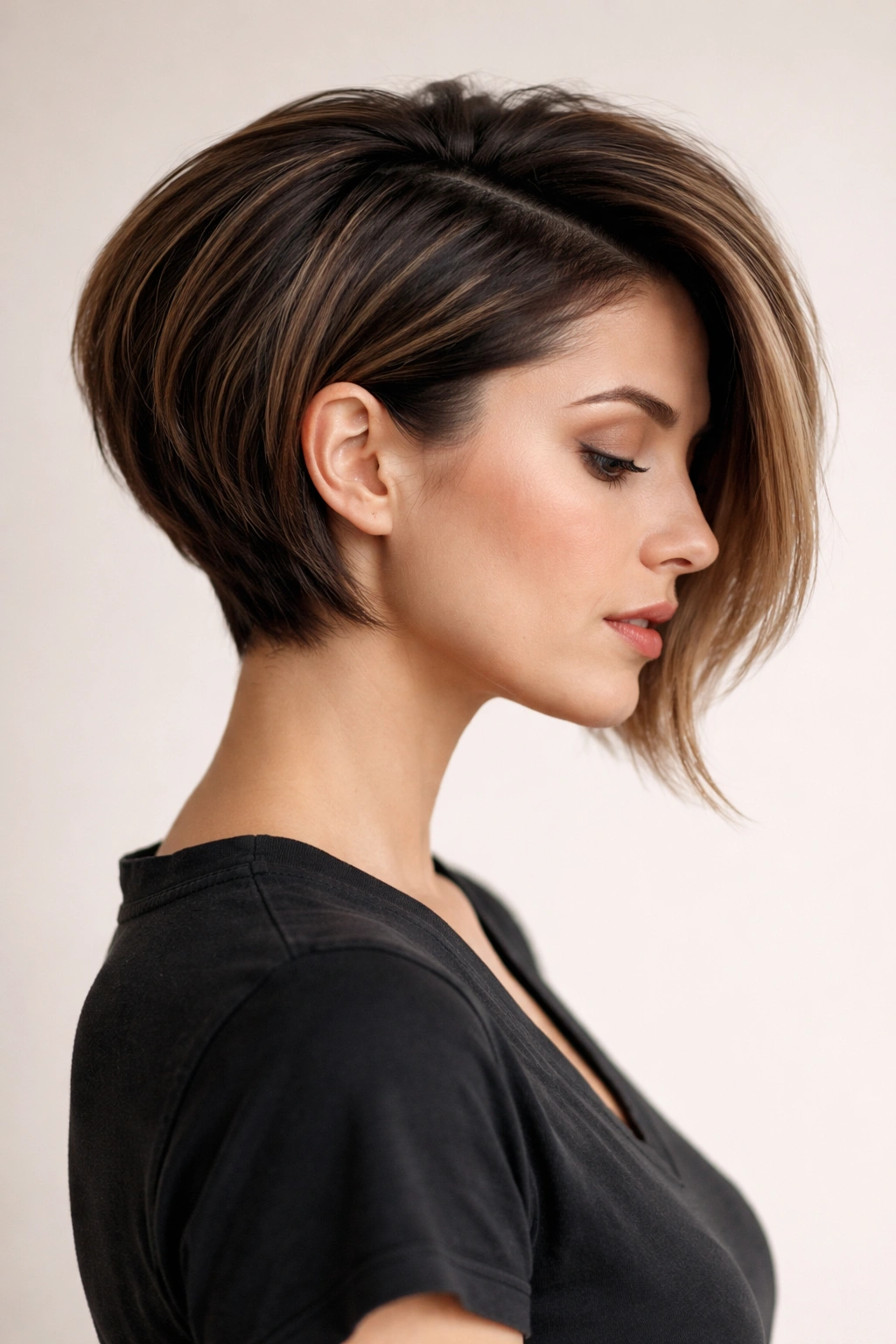 Close-up of an asymmetrical stacked bob showing dramatic back lift and uneven lengths.