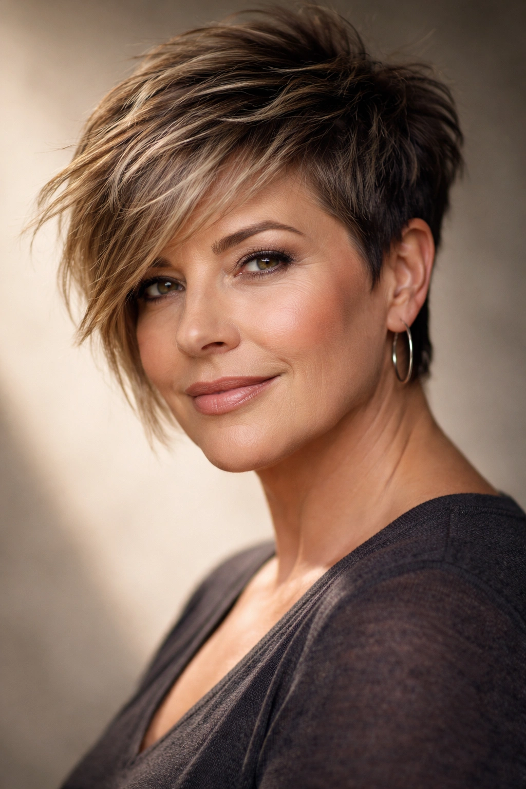 Asymmetrical textured crop on a round-faced model over 50