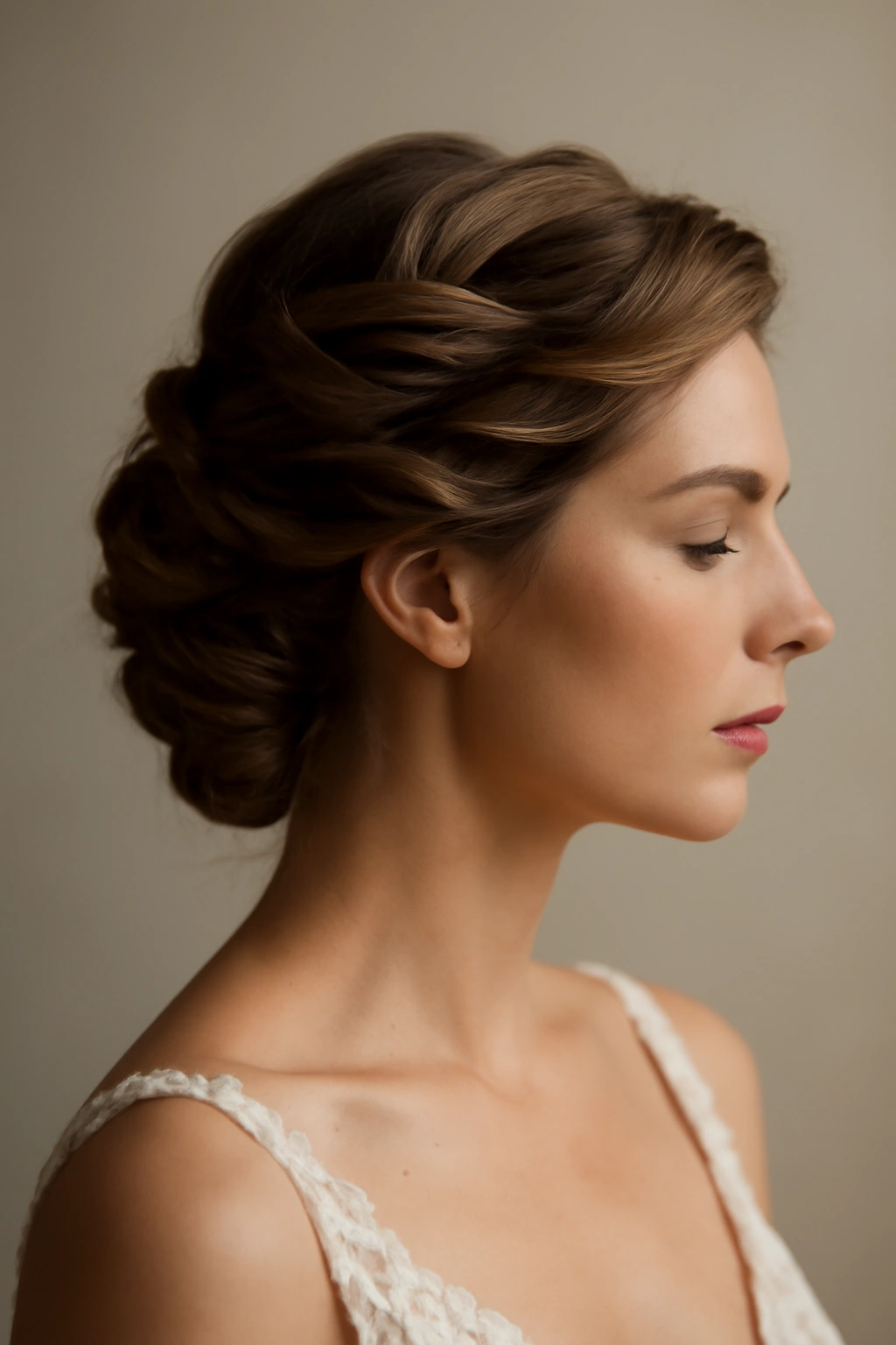 Modern asymmetrical twisted updo with thick twists on one side.