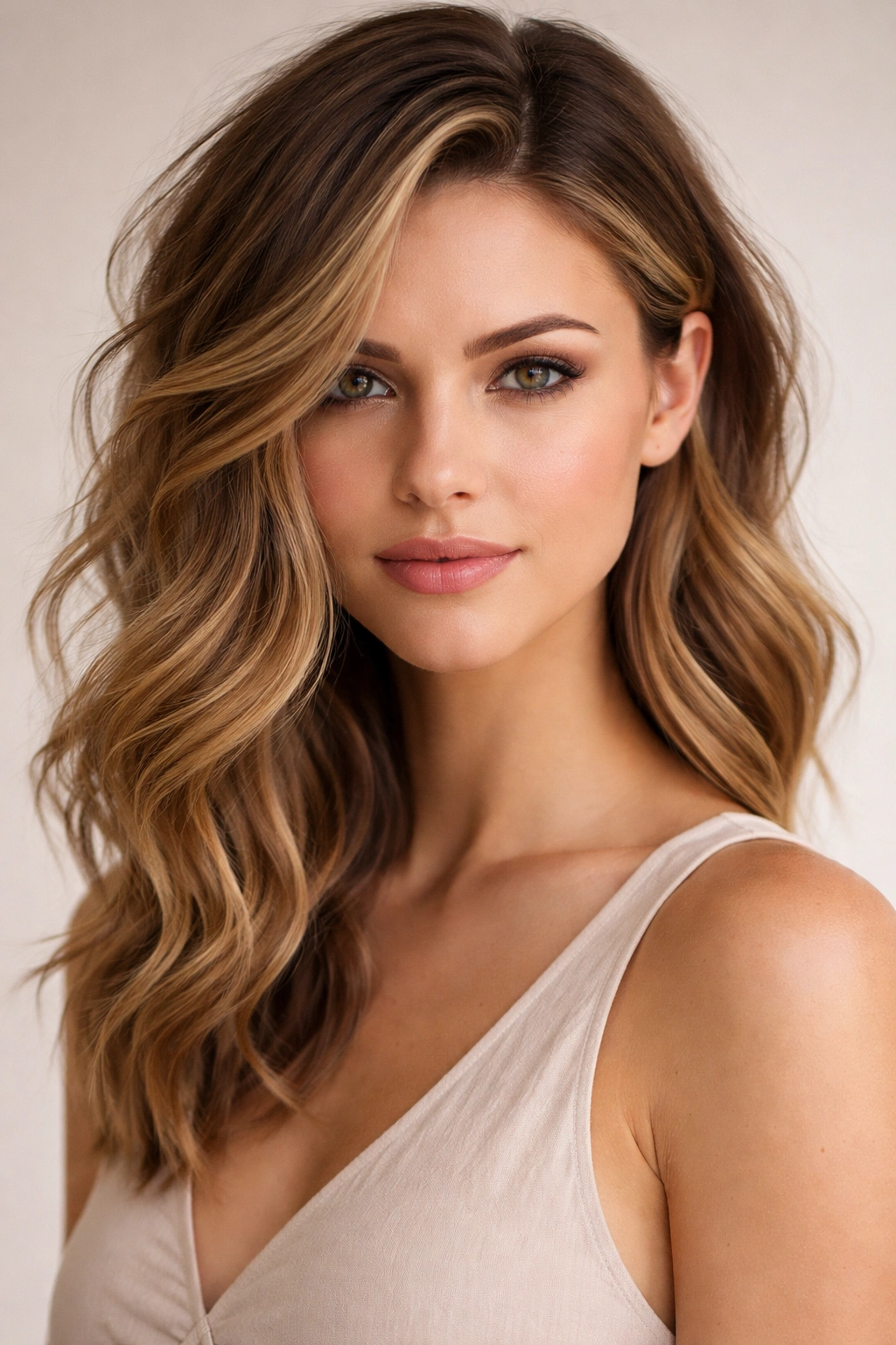 Asymmetrical wavy hairstyle on a heart-shaped face