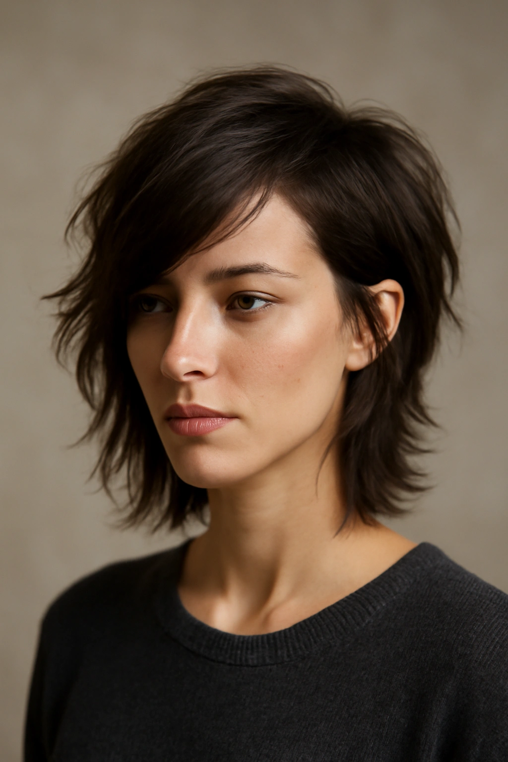 Model with asymmetrical side-swept wolf cut featuring a longer sweeping side.