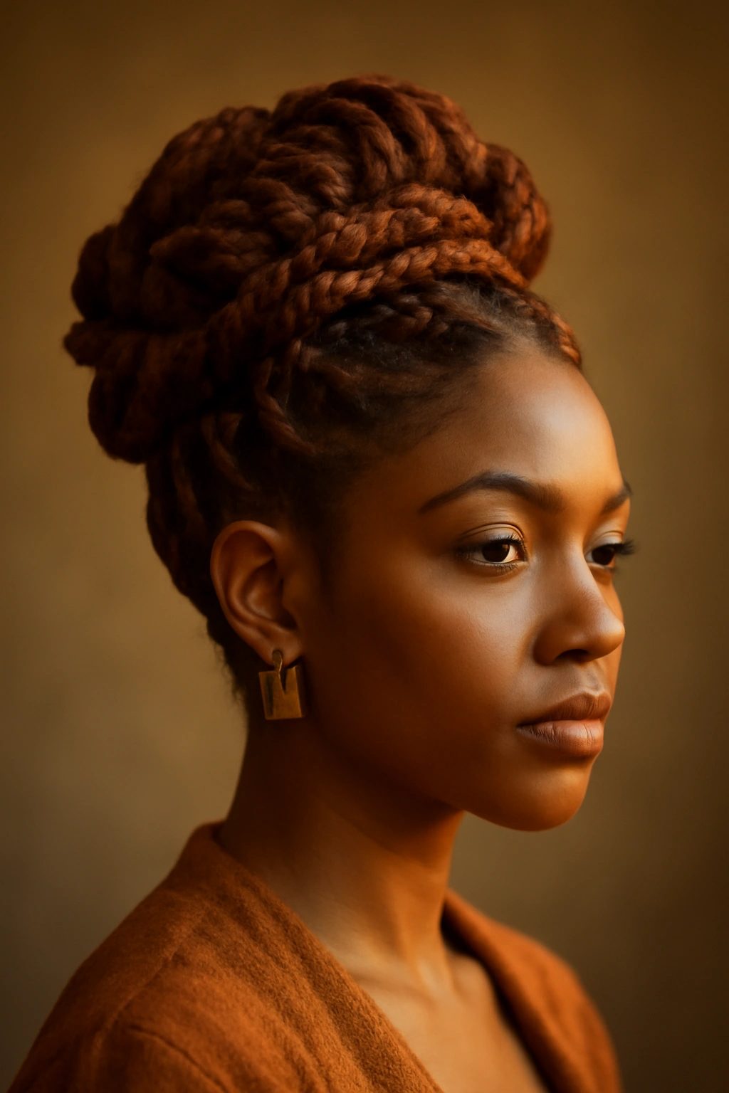 Autumn updo with twisted crown and sculptural coils.