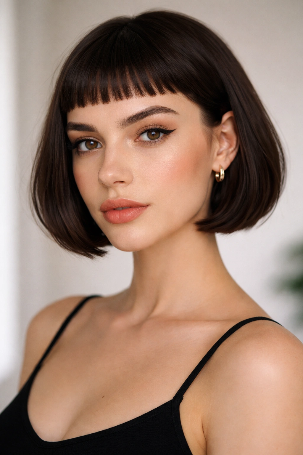 Bob hairstyle with high baby bangs on a model
