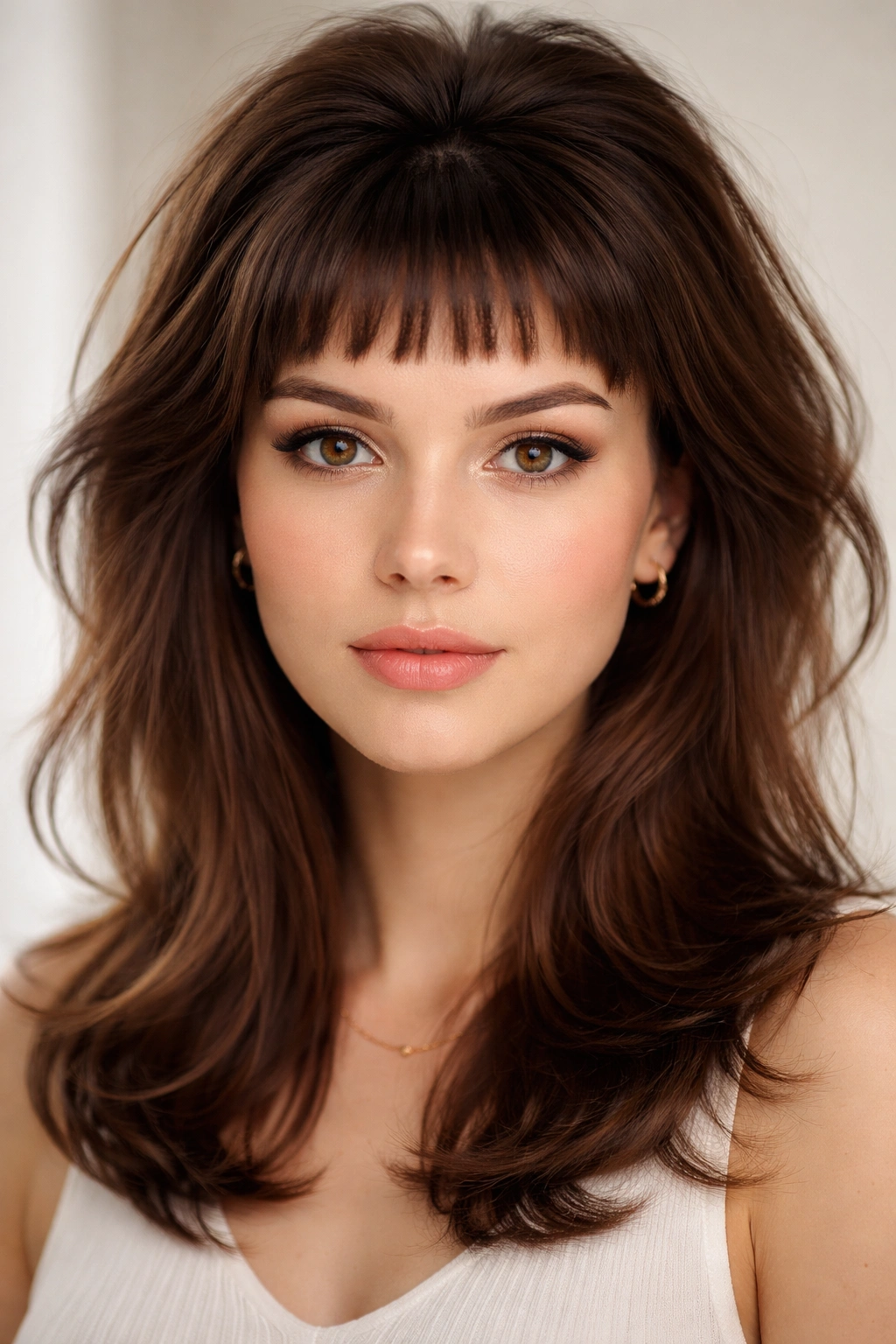 Close-up of ultra-short baby bangs and voluminous crown layers framing the face.