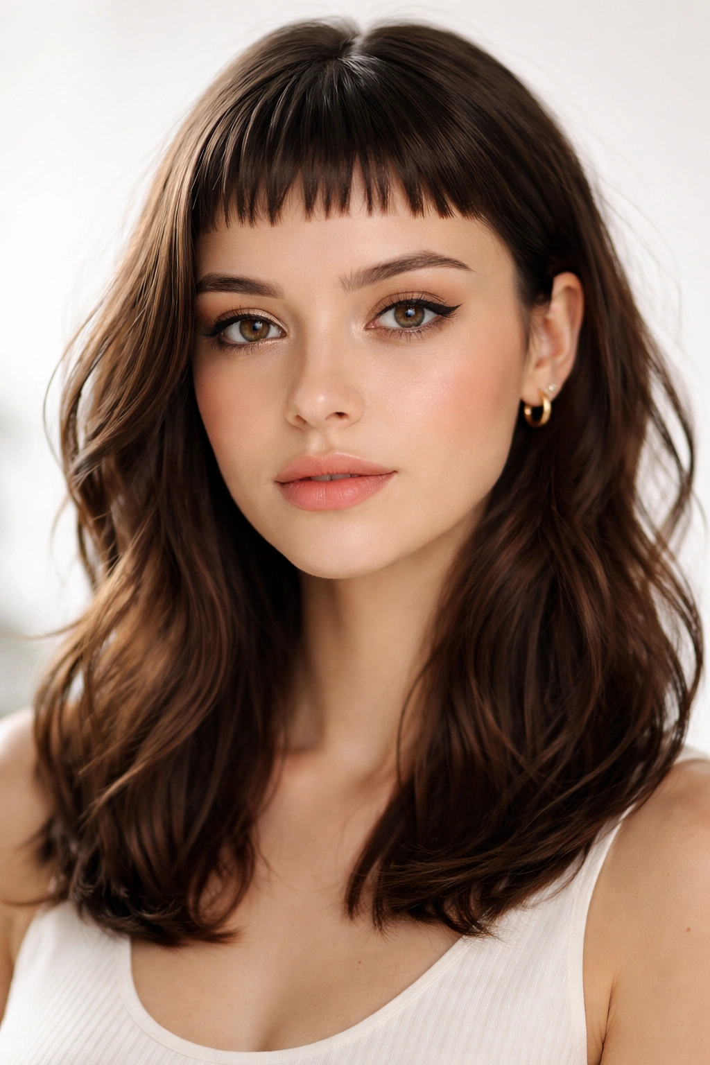 Close-up of baby bangs high on forehead with longer hair below