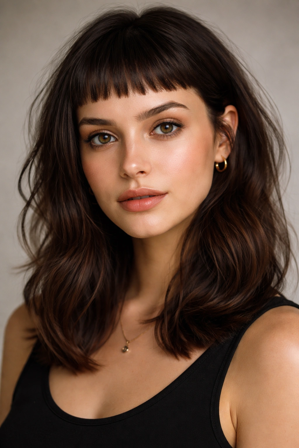 Portrait with micro bangs above the eyebrows and longer hair