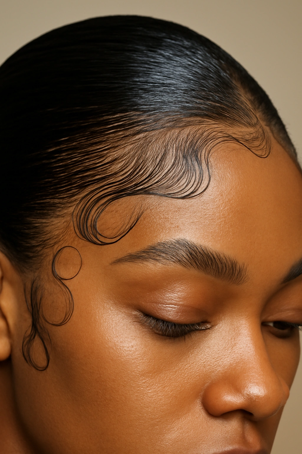 Extreme close-up of laid baby hairs in decorative patterns along the hairline