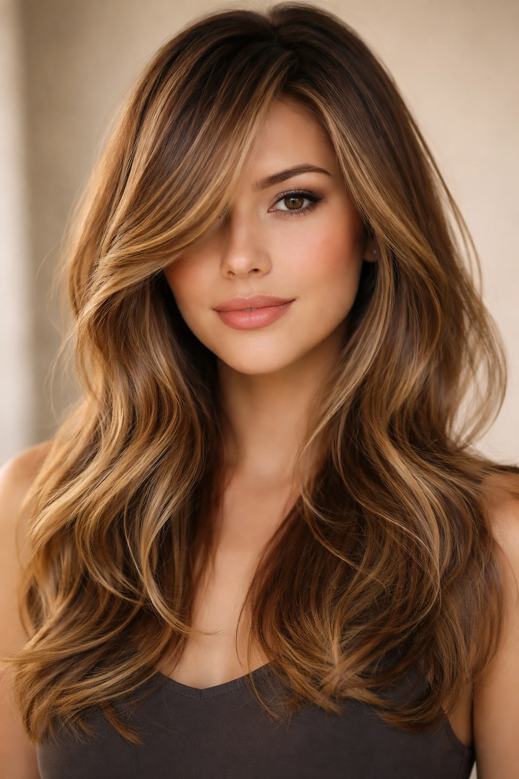 Dimensional balayage on medium hair with swooping long bangs