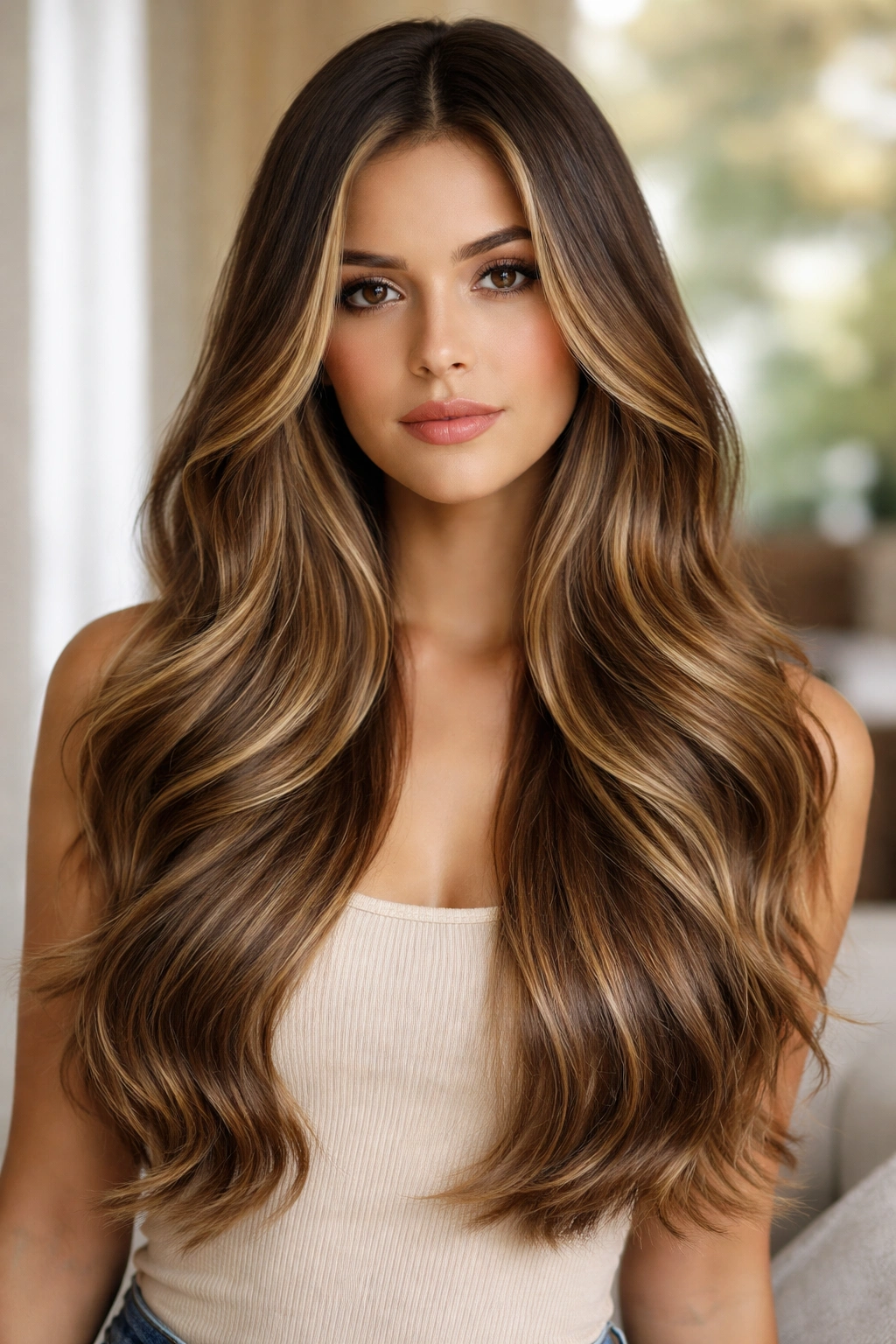 Long hair with seamless balayage and subtle layering showing color pieces