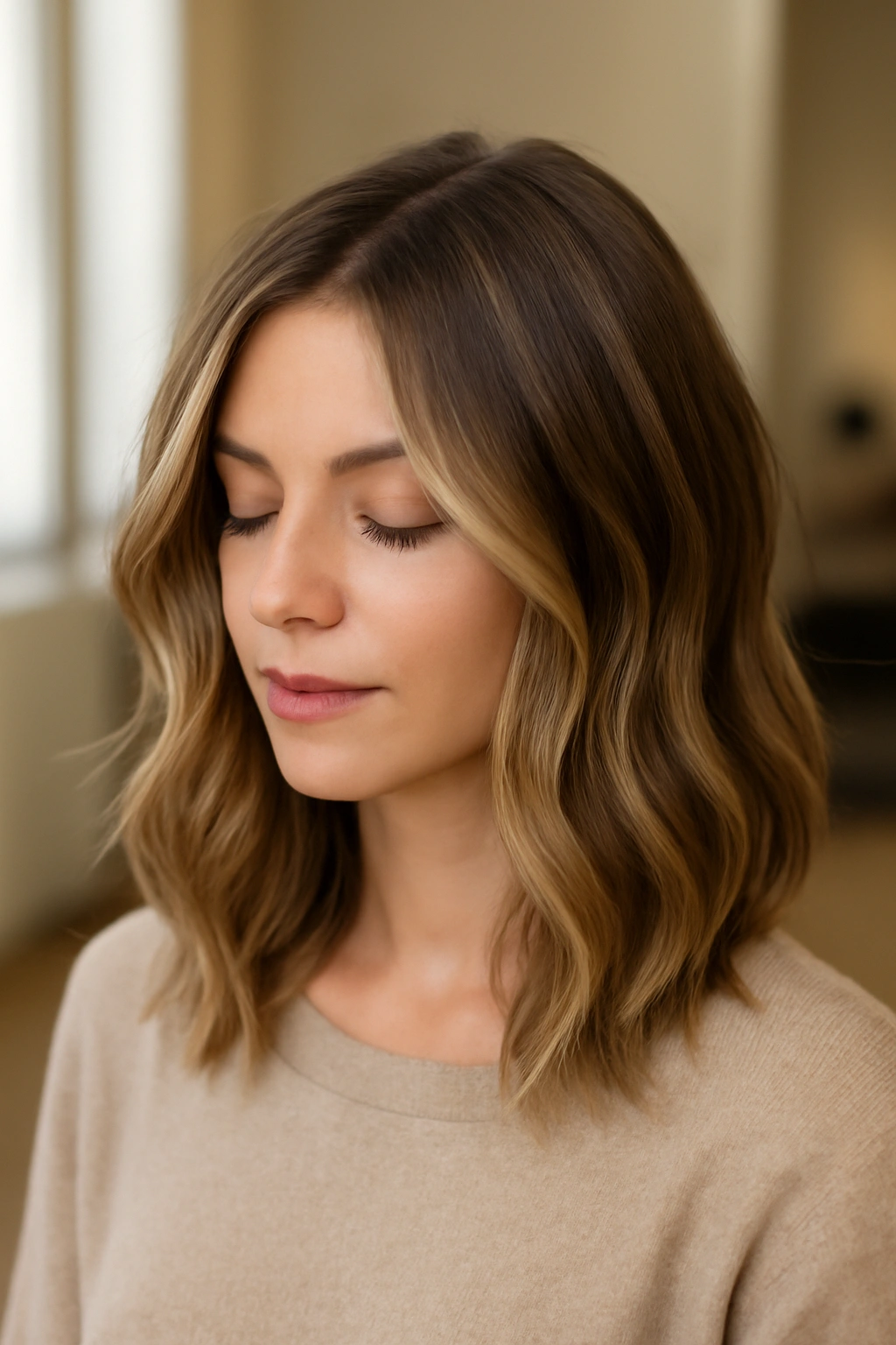 Close-up of medium-length balayage hair on a model in a salon chair, sun-kissed highlights and soft movement