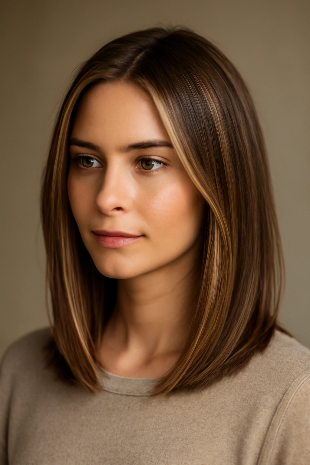 Shoulder-length straight hair with subtle balayage highlights catching light