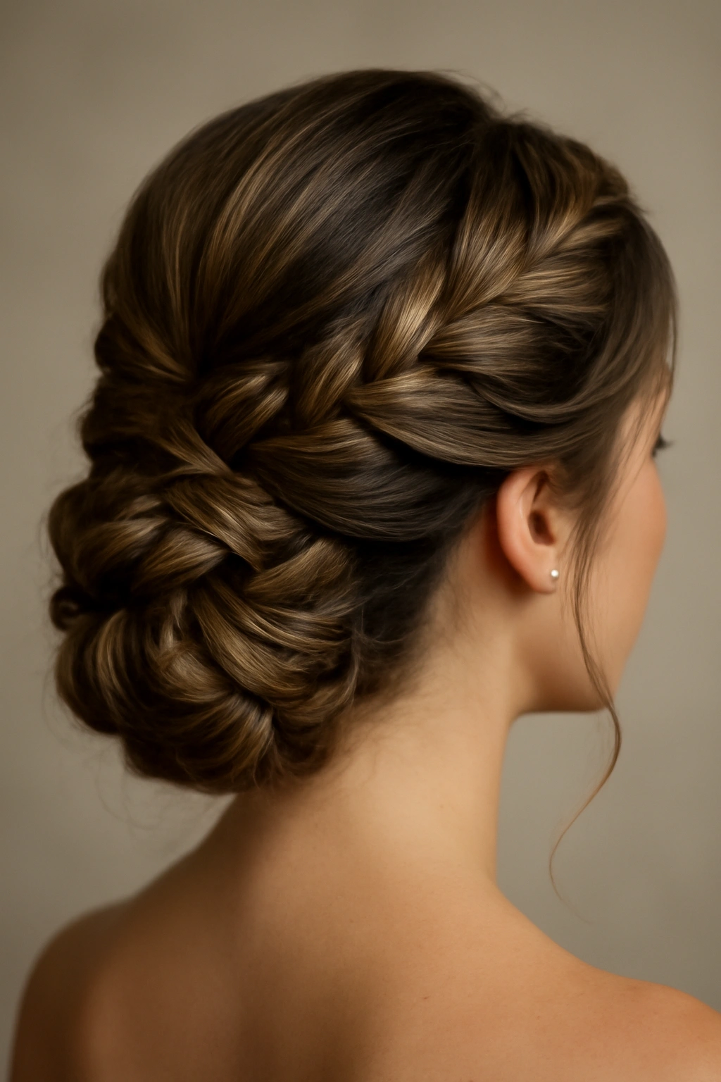 Intricate updo with balayage on thick straight hair