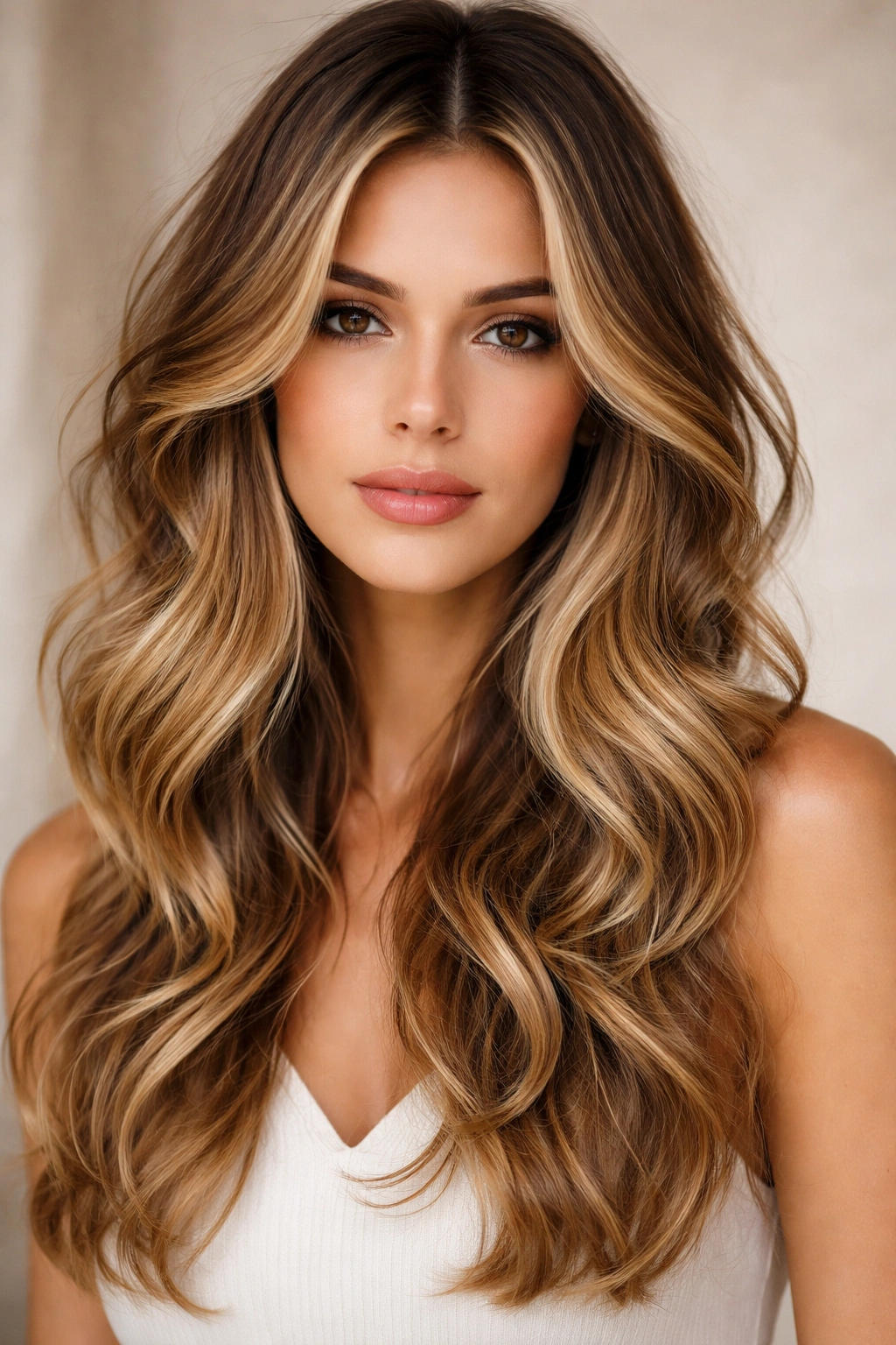 Balayage highlighted wavy hair with shorter layers around crown and cheeks