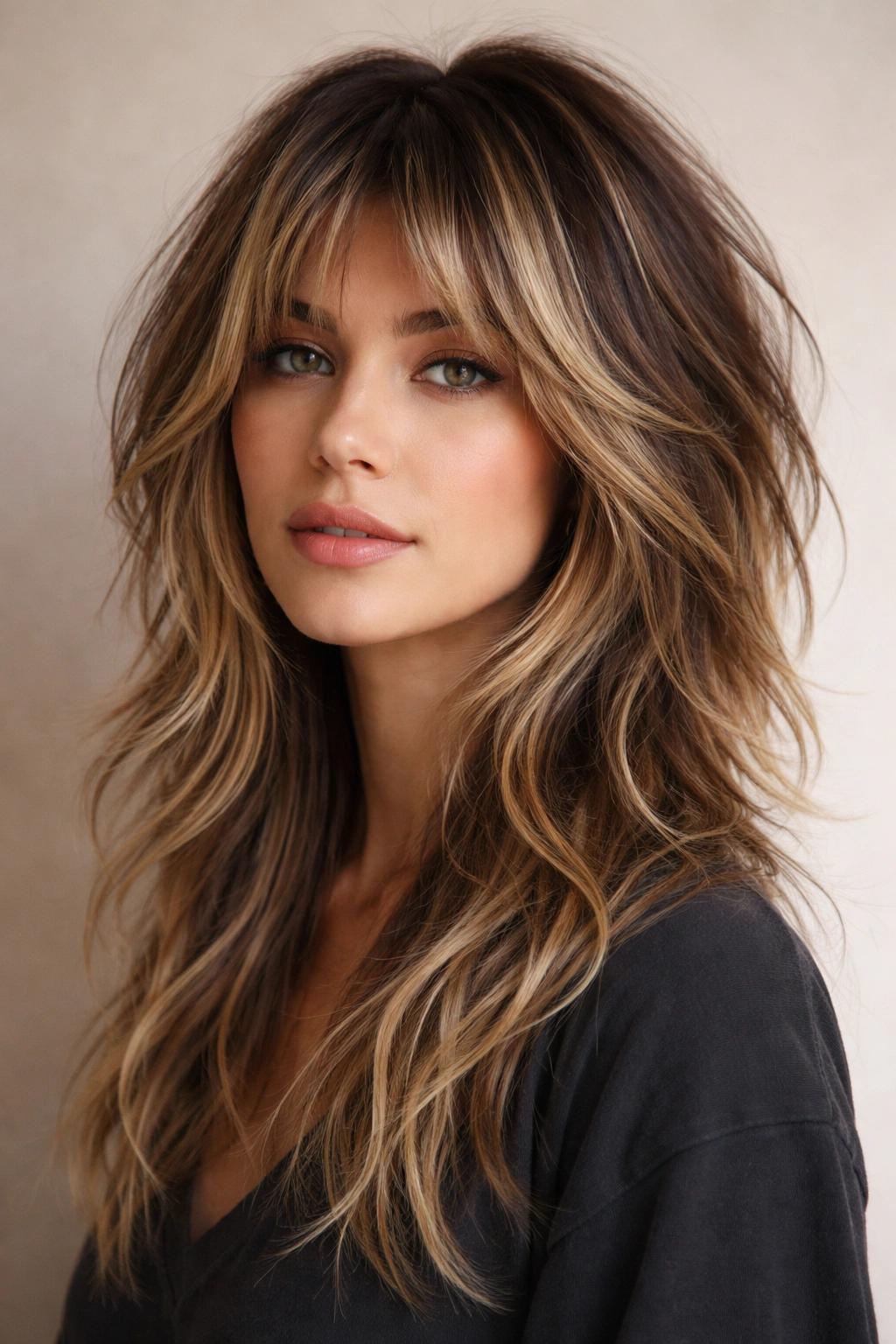 Close-up of balayage-highlighted wolf cut with face-framing lighter pieces.