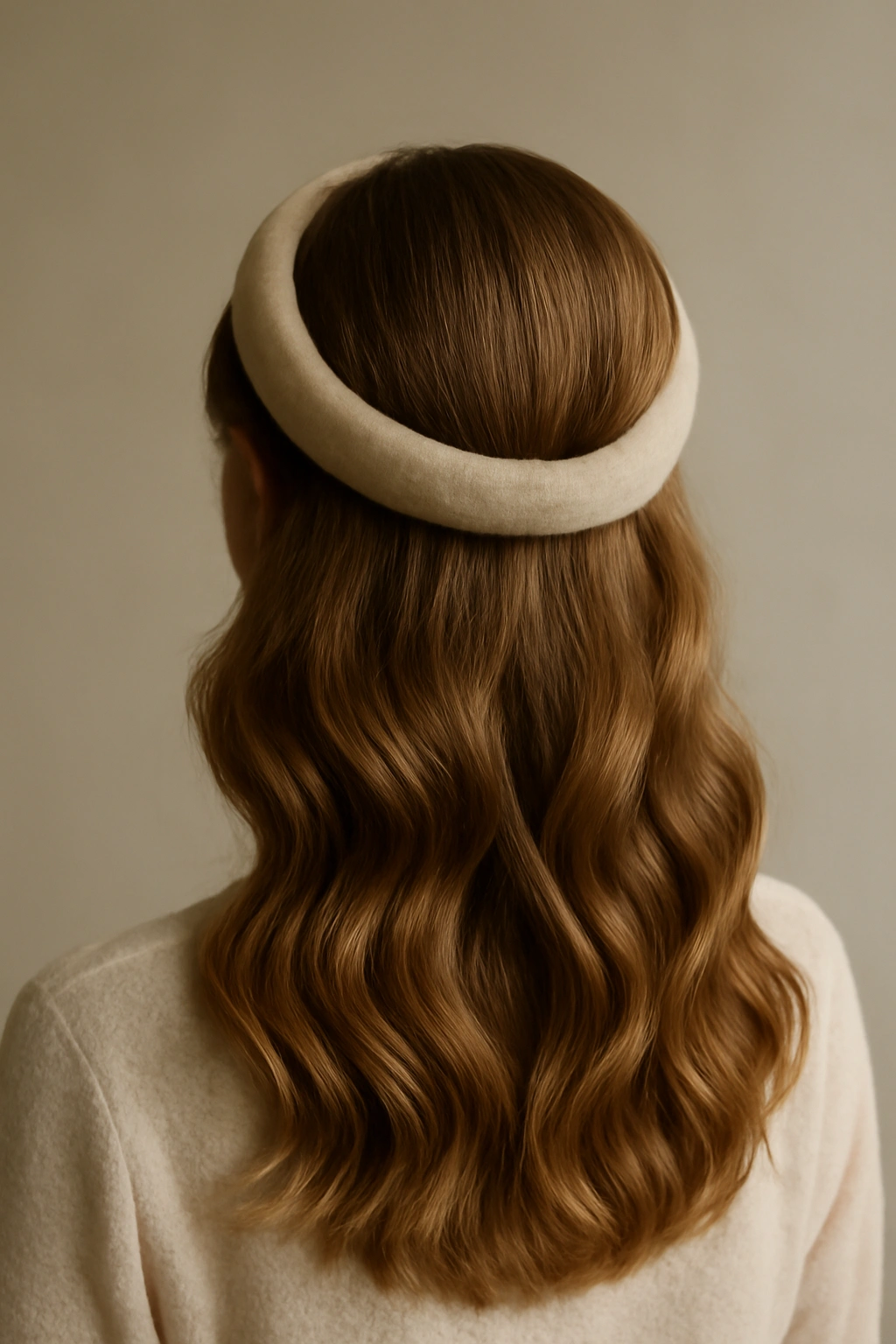 Back view of head with bandeau headband wrapped hair forming soft waves