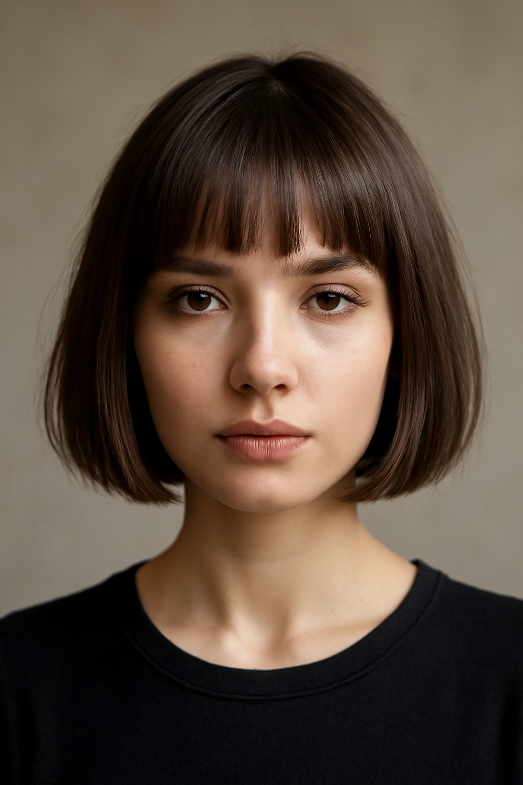 Front view of a banged bob with blunt bangs