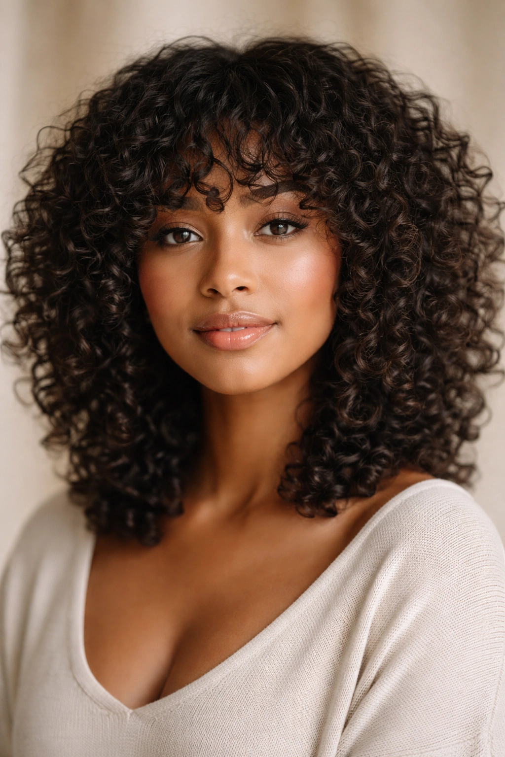 Front view of curly bangs and face-framing layers