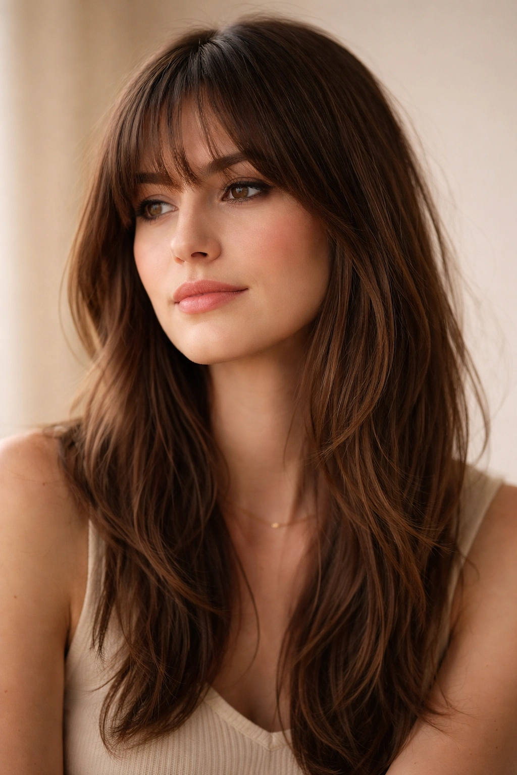 Portrait of a person with bangs in a contemplative mood, highlighting bangs to balance a long face