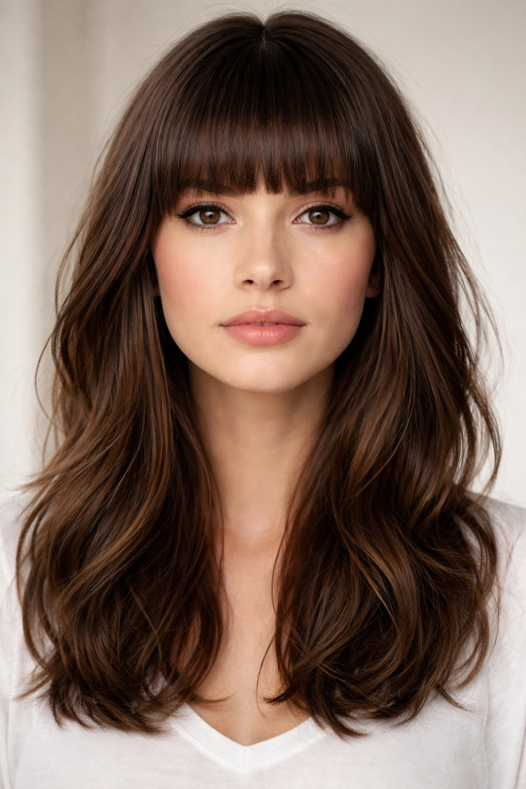 Mid-length hair with straight-across bangs creating a strong horizontal line