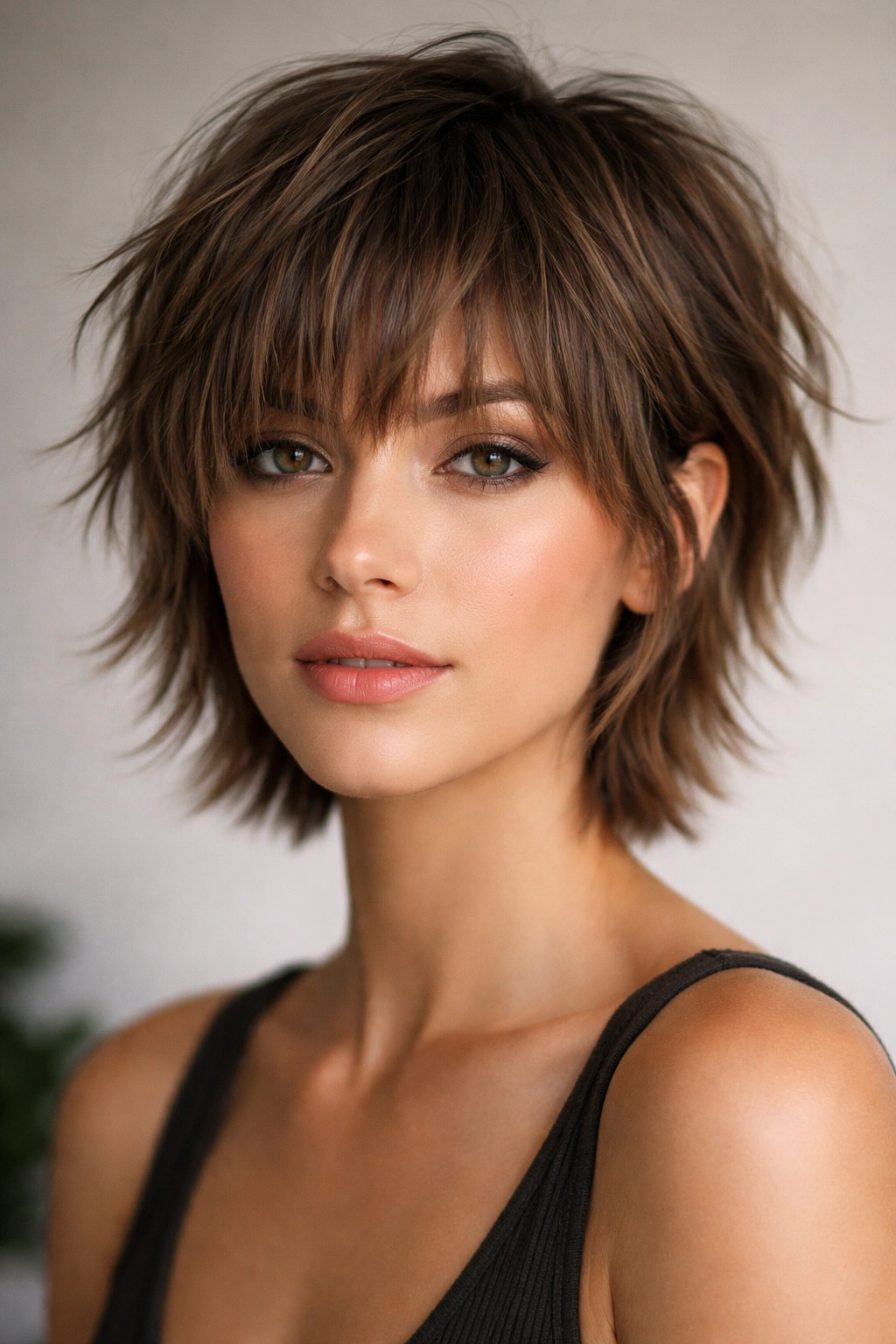 Close-up of a model with wispy, choppy bangs blended with short layers.