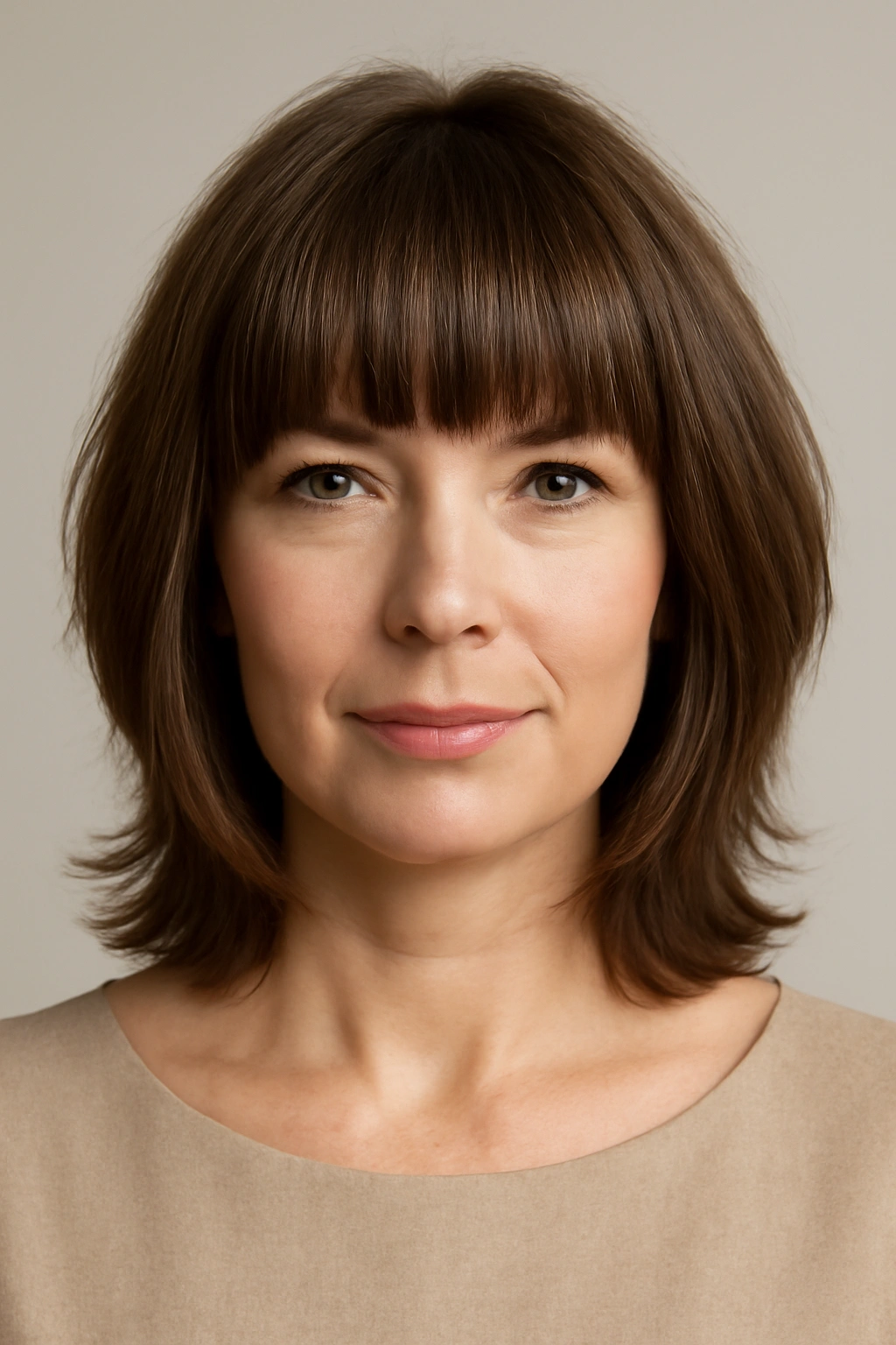 Close-up of Blunt Bangs with Textured Layers highlighting blunt fringe