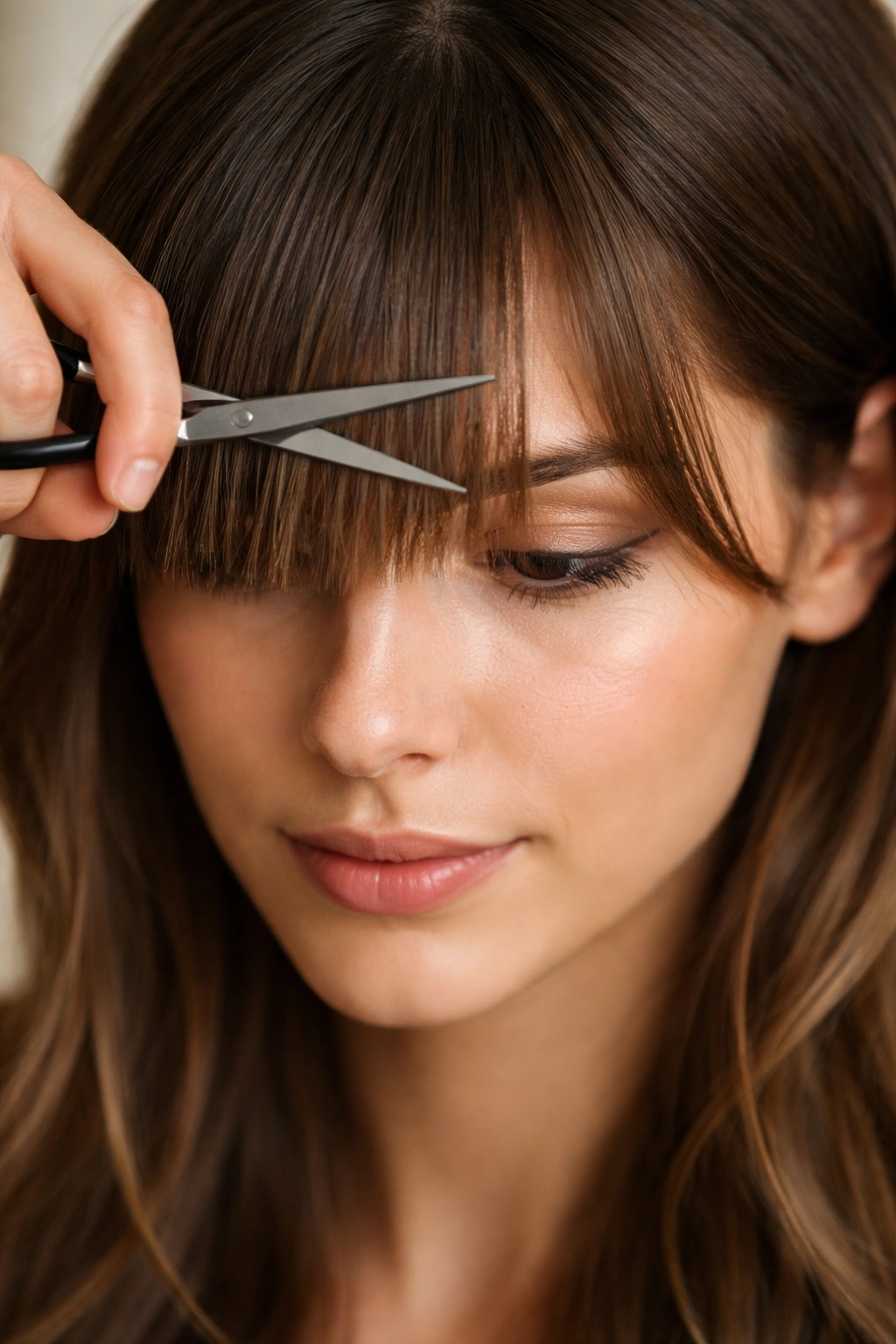 Dry bangs trimmed at a 45-degree angle to frame the face
