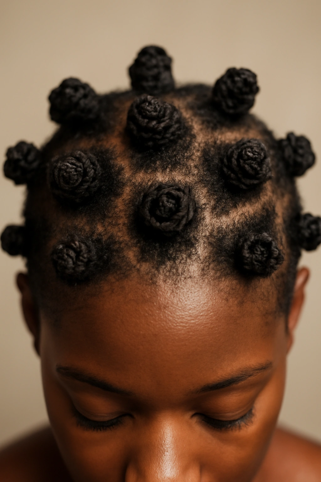 Close-up of multiple Bantu knots on short 4C hair ready to unravel into defined coils.