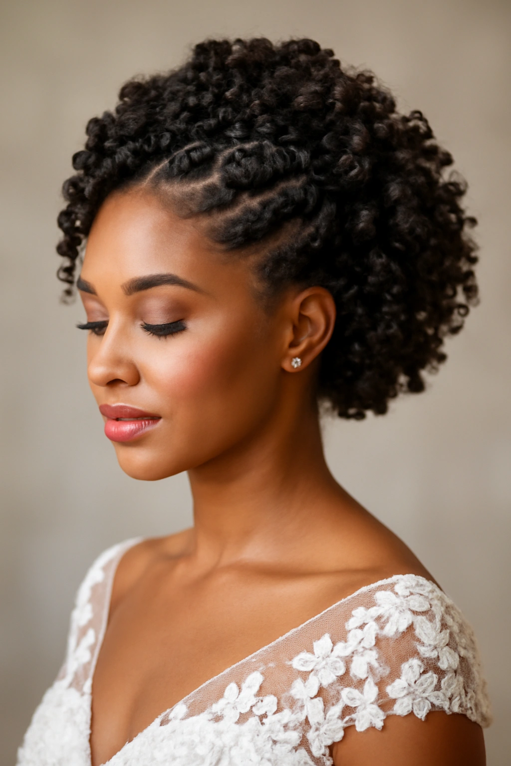Close-up of bantu knot-out updo with defined curls and volume