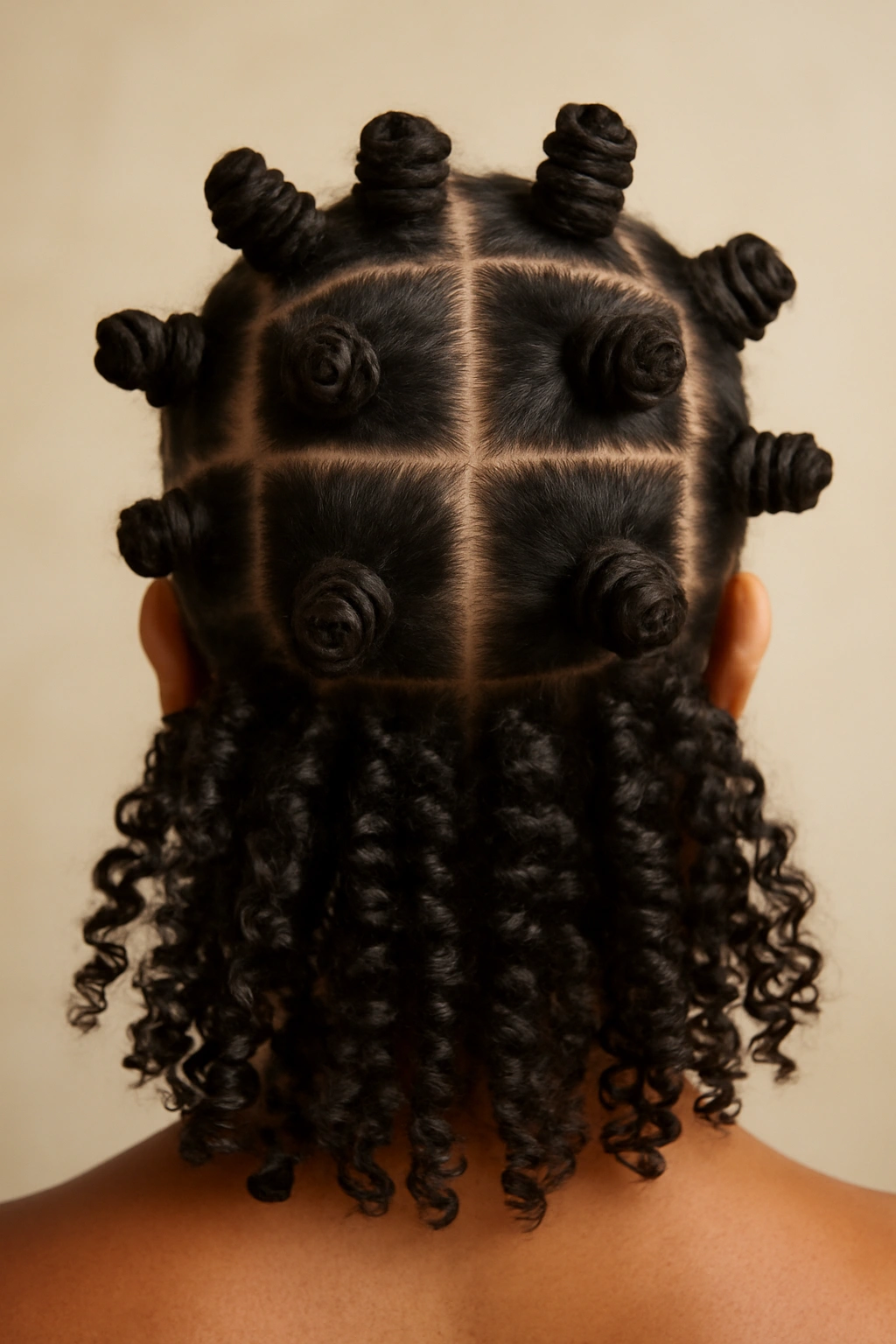 Head with multiple small bantu knots ready to be unraveled into coil-outs