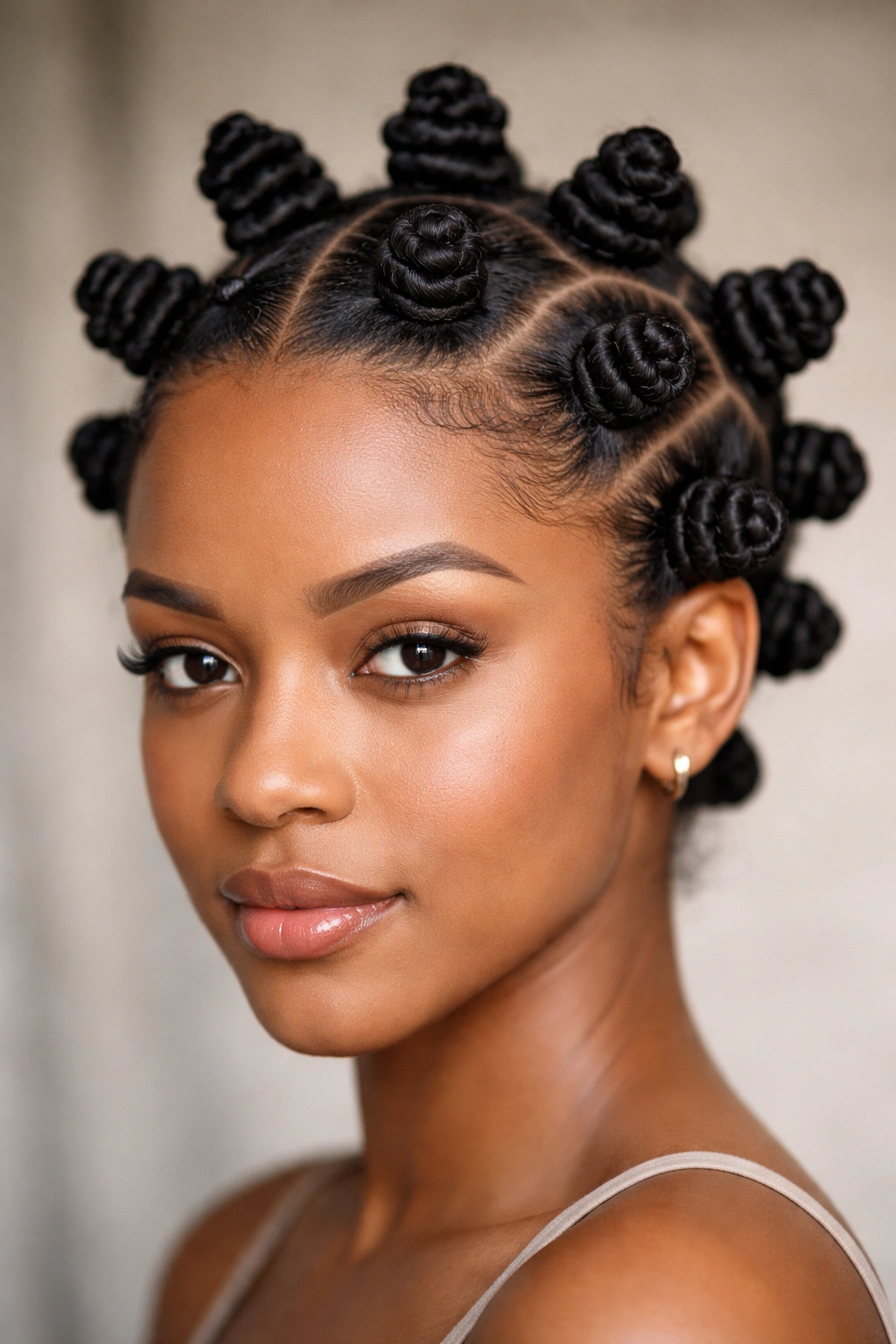 Close-up of Bantu knots with defined coil patterns on the scalp