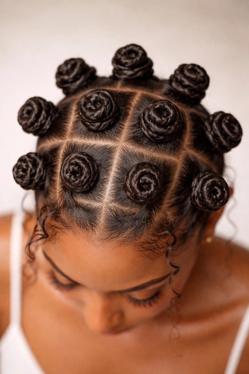 Head with neatly formed Bantu knots in a grid.