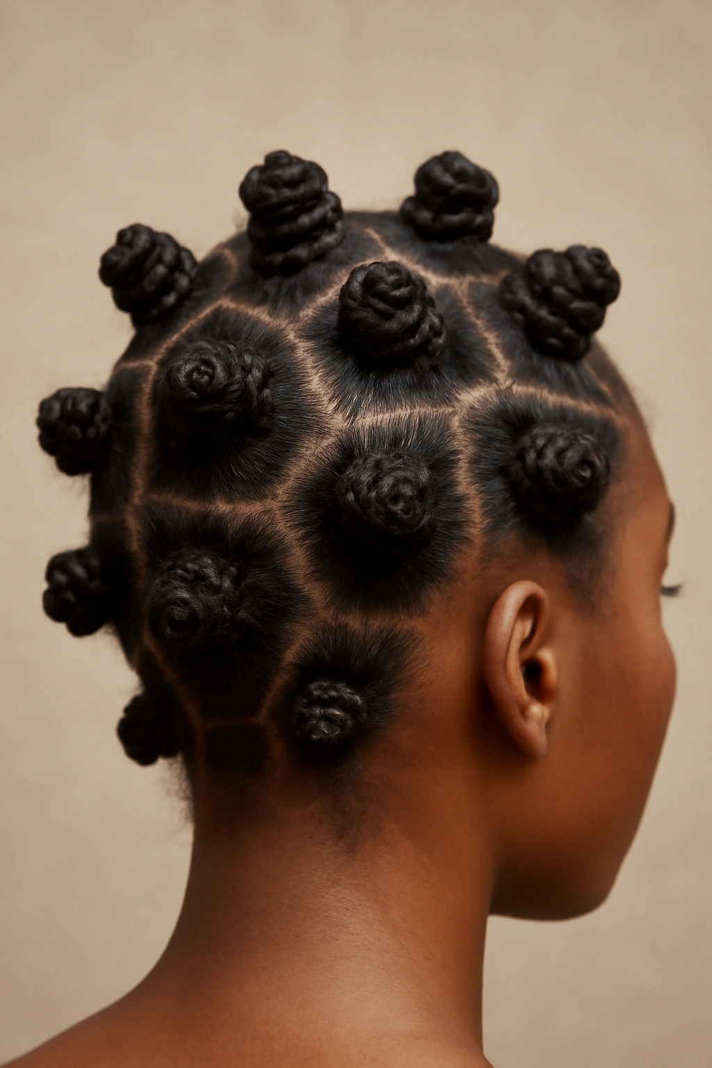 Close-up of Bantu knots arranged on scalp; a protective hairstyle for black hair.