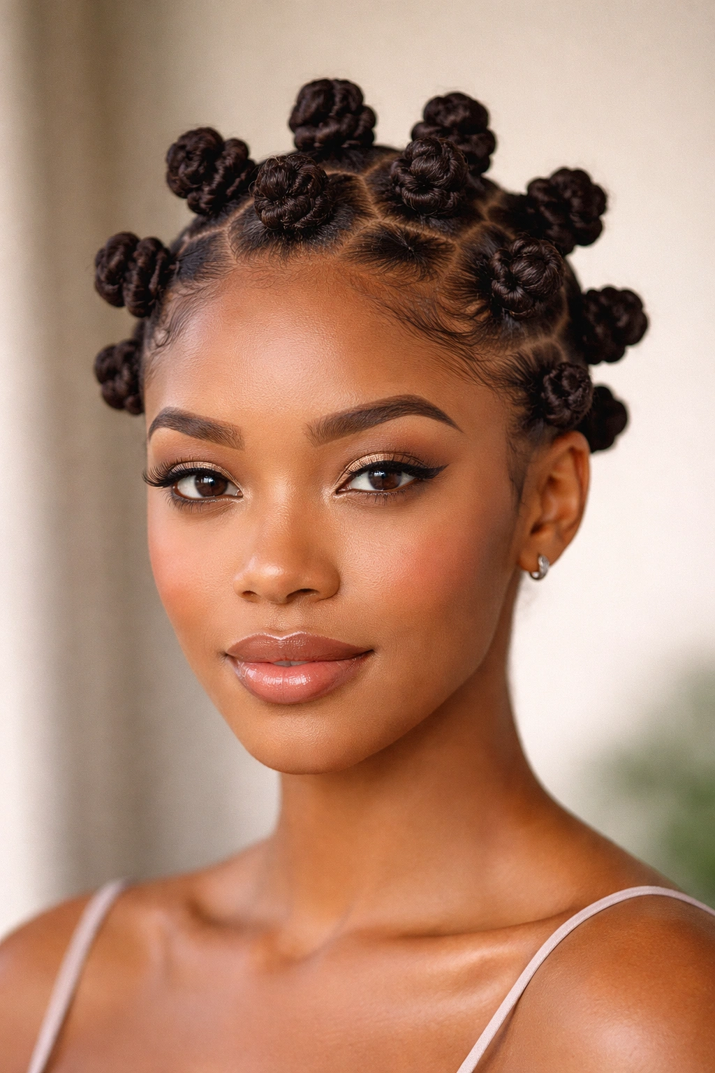 Close-up of small Bantu knots on short natural hair