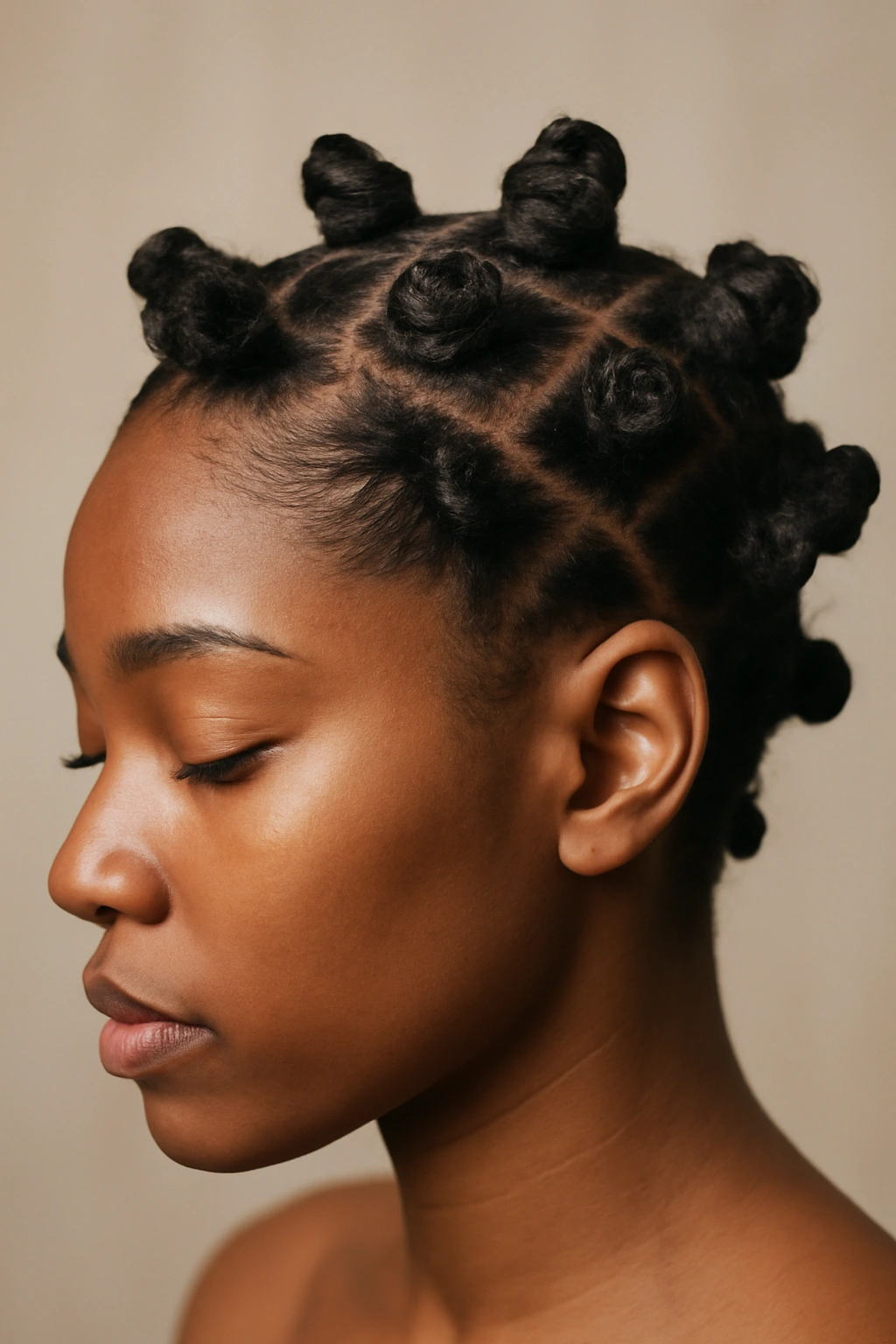 Close-up of a Black woman with uniform Bantu knots showcasing texture