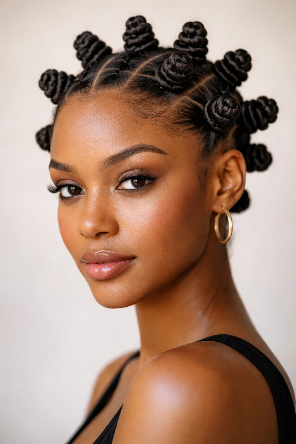 Frontal close-up of Bantu knots at the crown