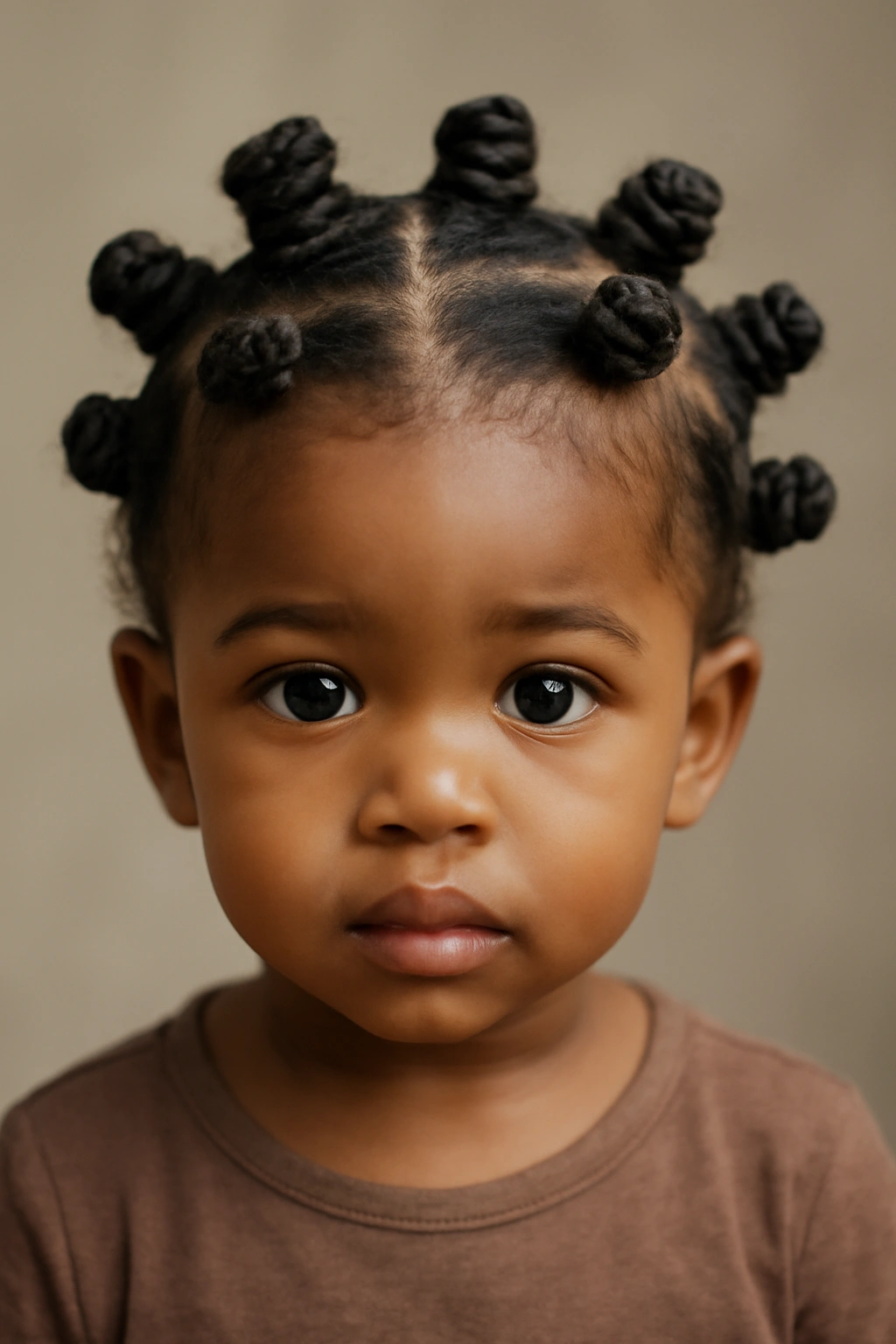 Toddler wearing bantu knots arranged in a grid across the scalp.