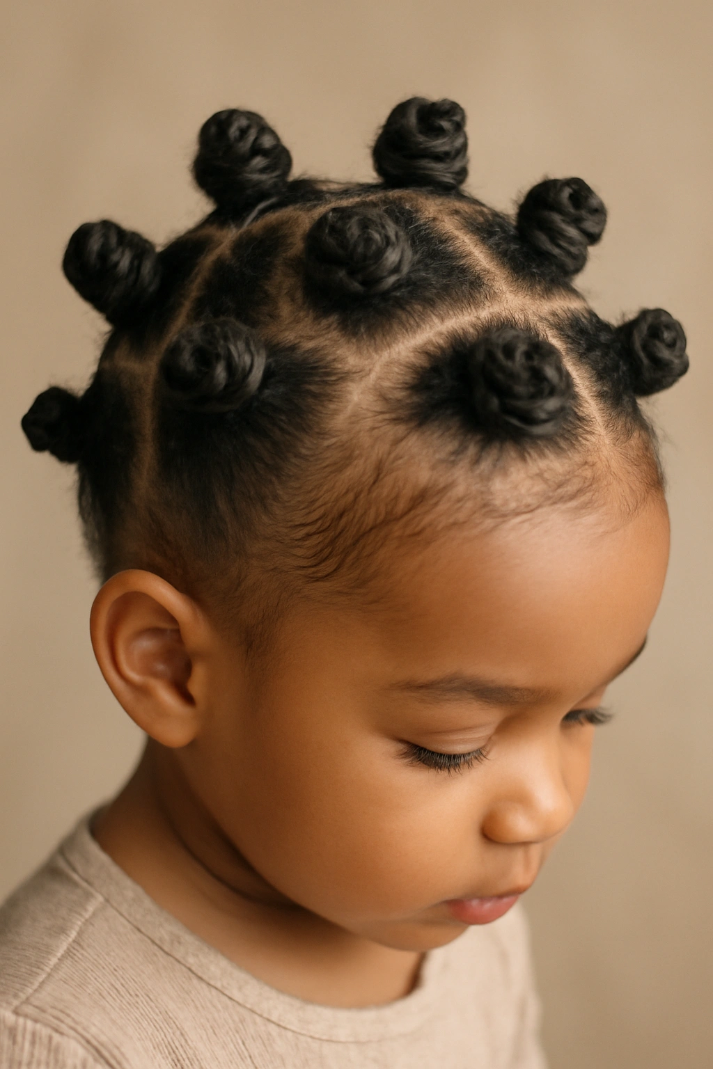 Toddler hair styled into multiple Bantu knots secured at the scalp.