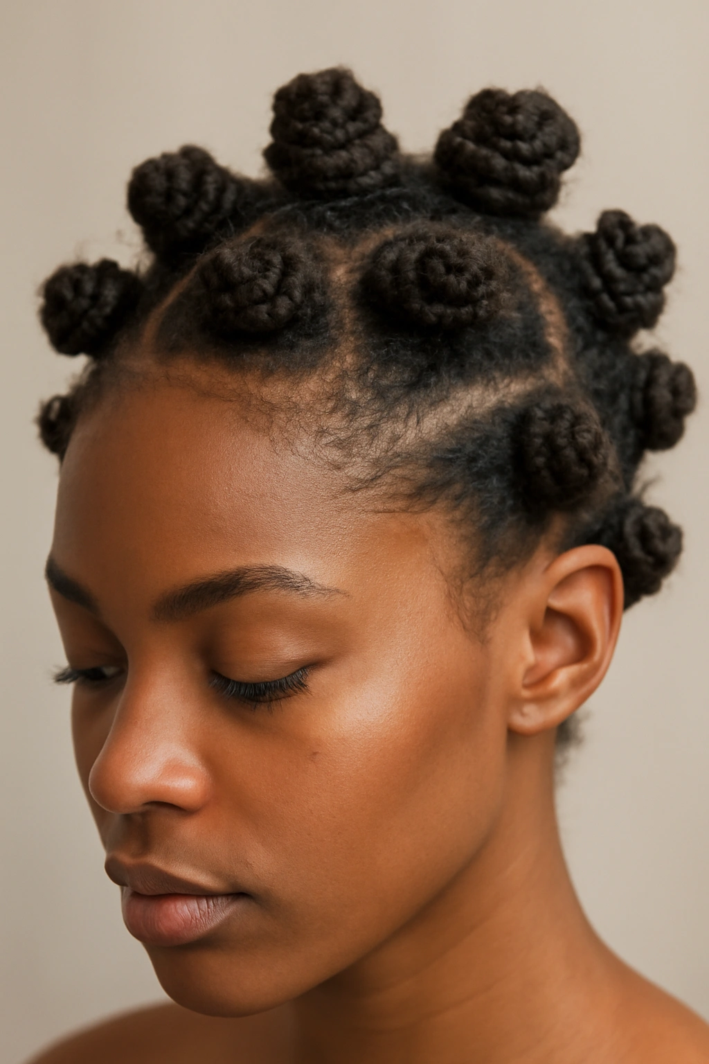 Close-up of bantu knots on short natural hair showing volume and definition