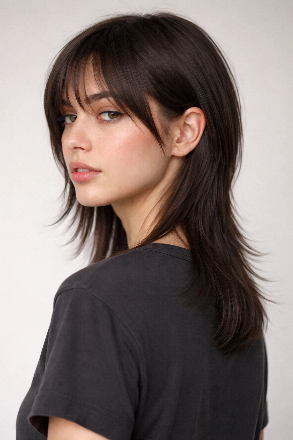 Close-up portrait of a straight-haired person with a barely-there mullet featuring chin-length front layers and a modest back length