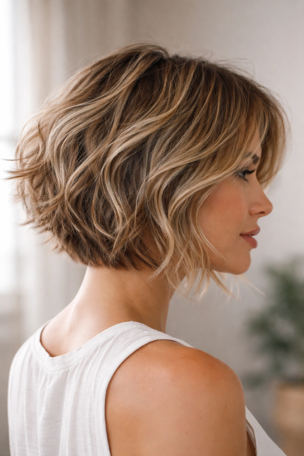 Tousled beach wave stacked bob with uneven layers and movement