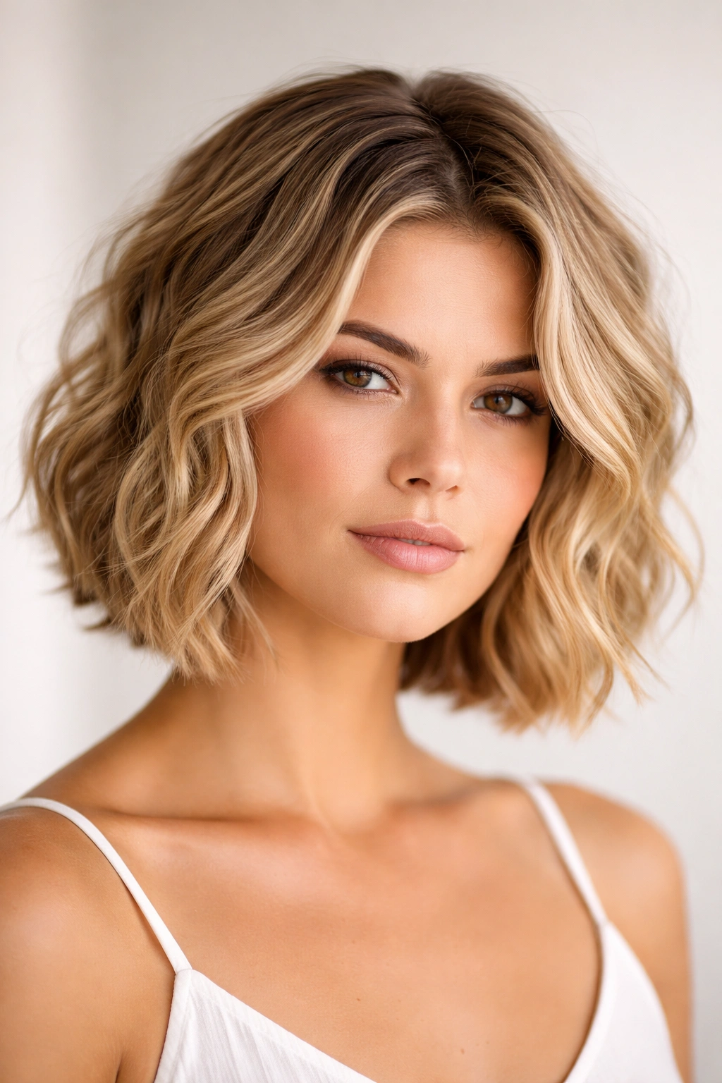 Chin-length wavy bob softening square jawline