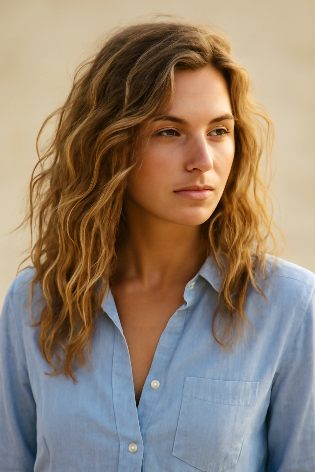 Relaxed beach waves with a casual button-down shirt