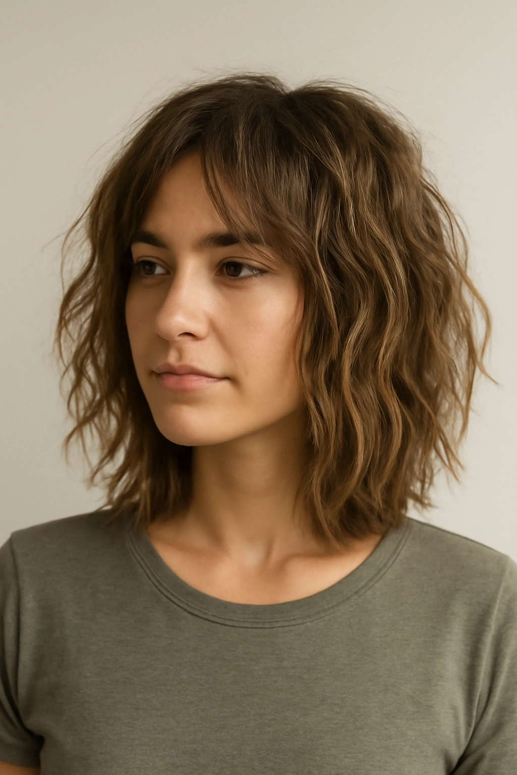 Shoulder-length hair with beachy, messy waves and choppy layers.