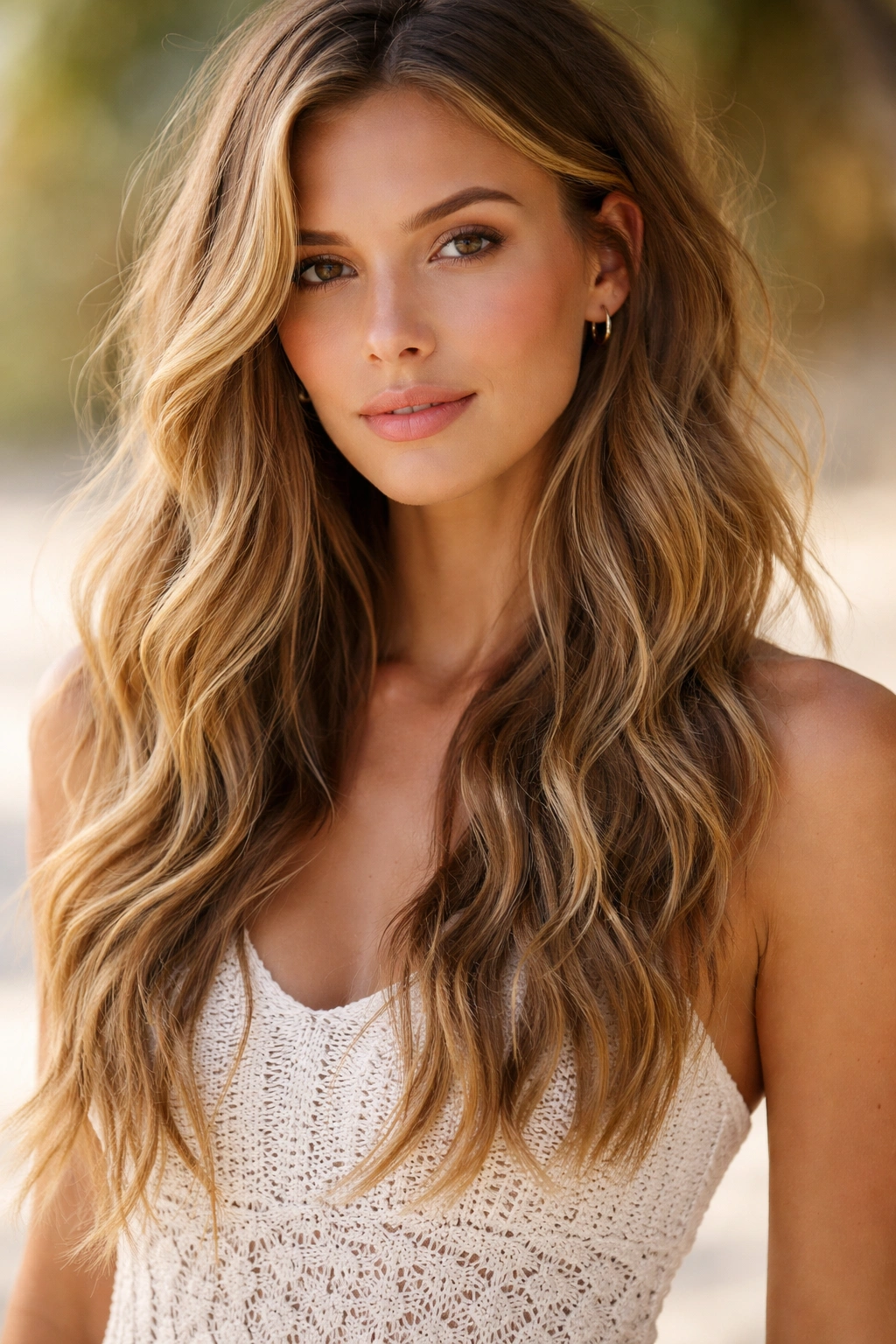 Hair with loose beachy waves, natural texture in warm light.
