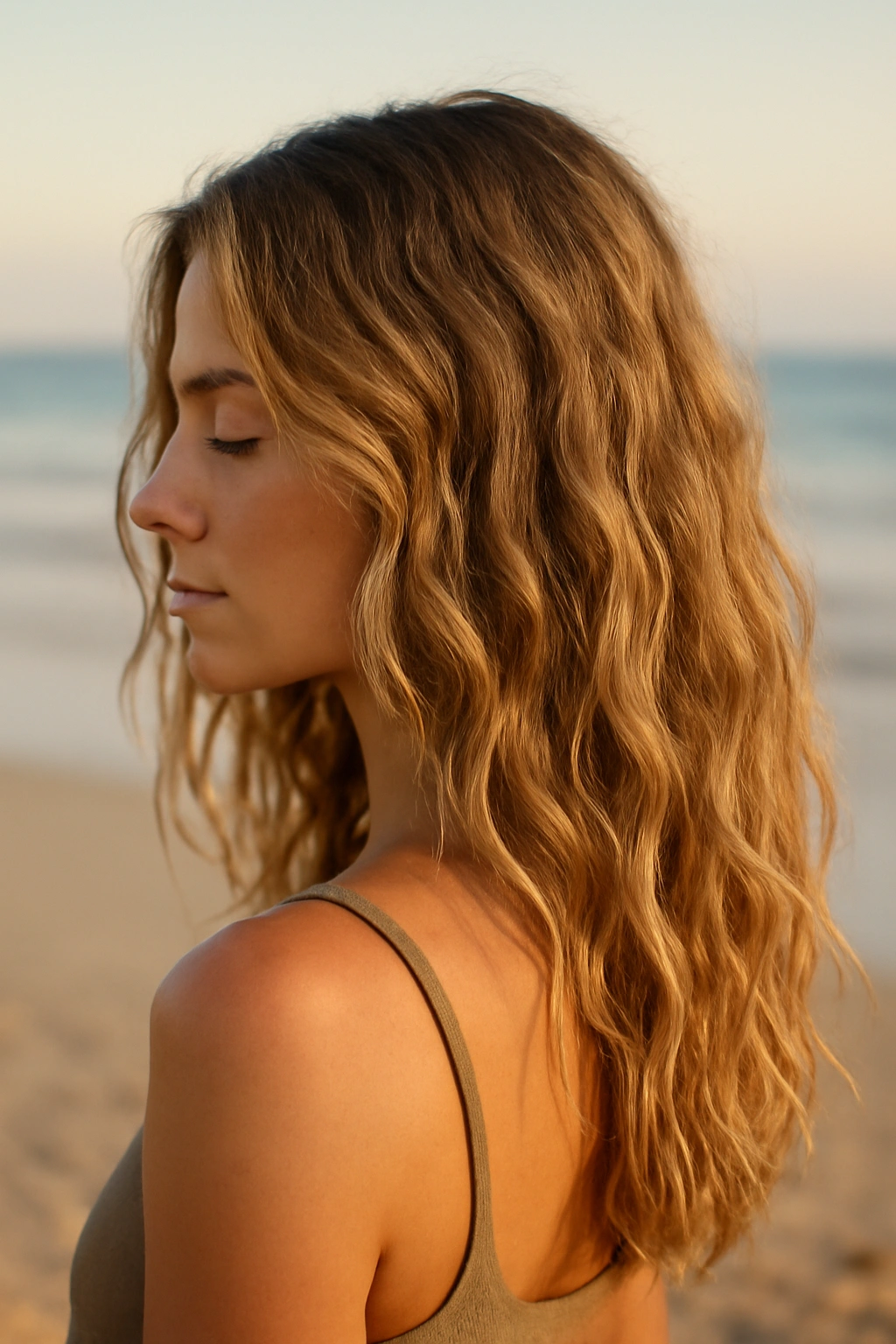 Hair with beachy, air-dried waves under warm sunlight