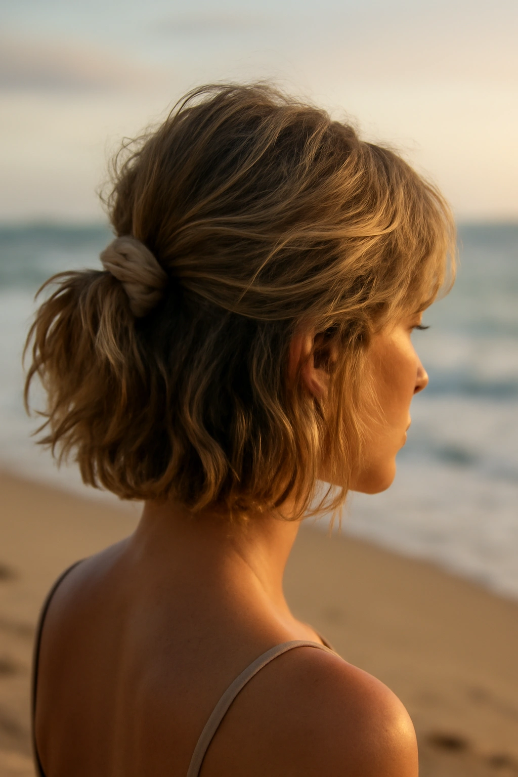 Short hair with tousled waves and fabric scrunchie at the back