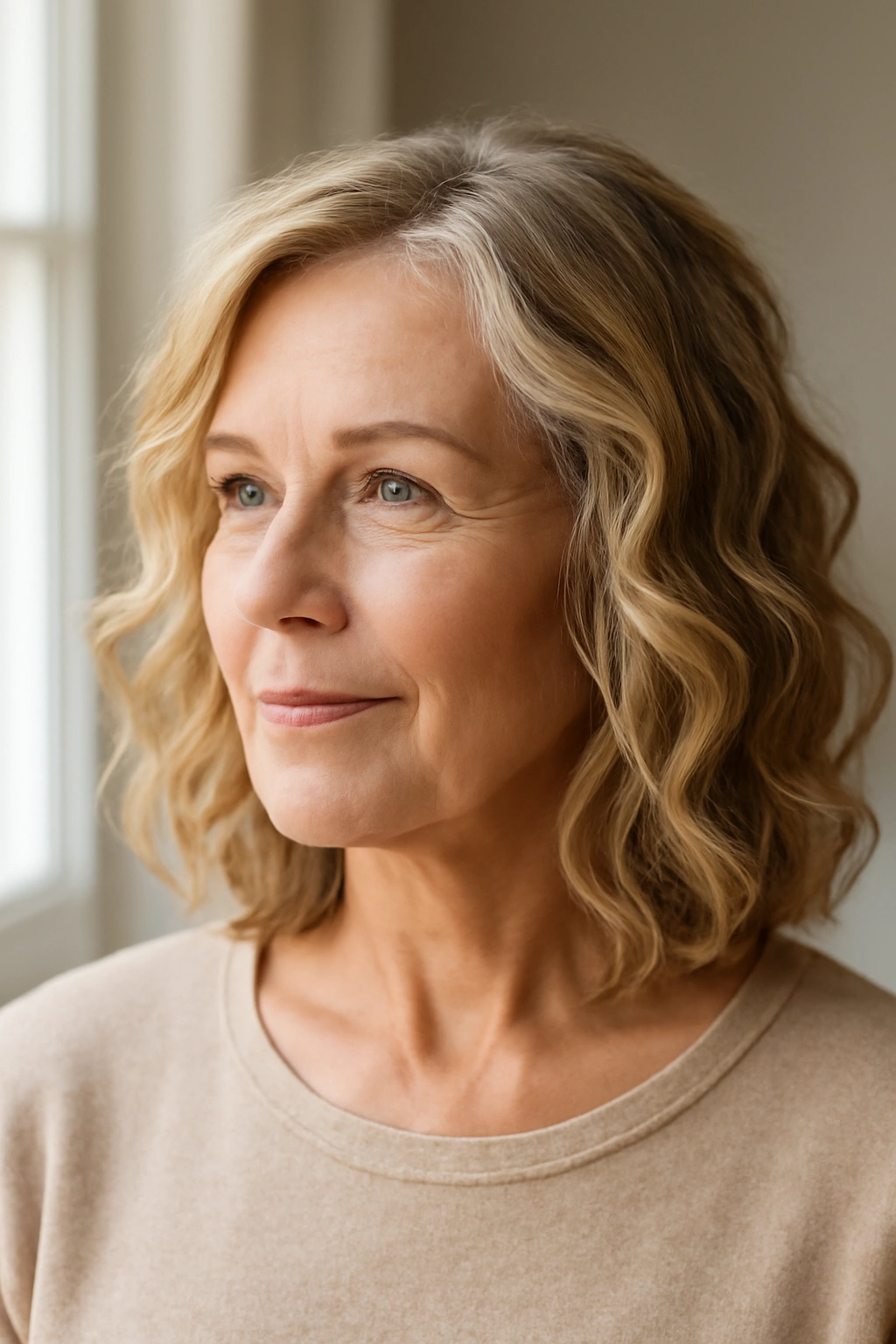 Shoulder-length hair with loose beach waves framing the face in natural light