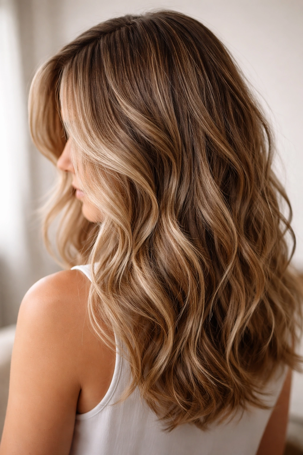 Close-up of tousled beach waves hairstyle with side part and natural texture