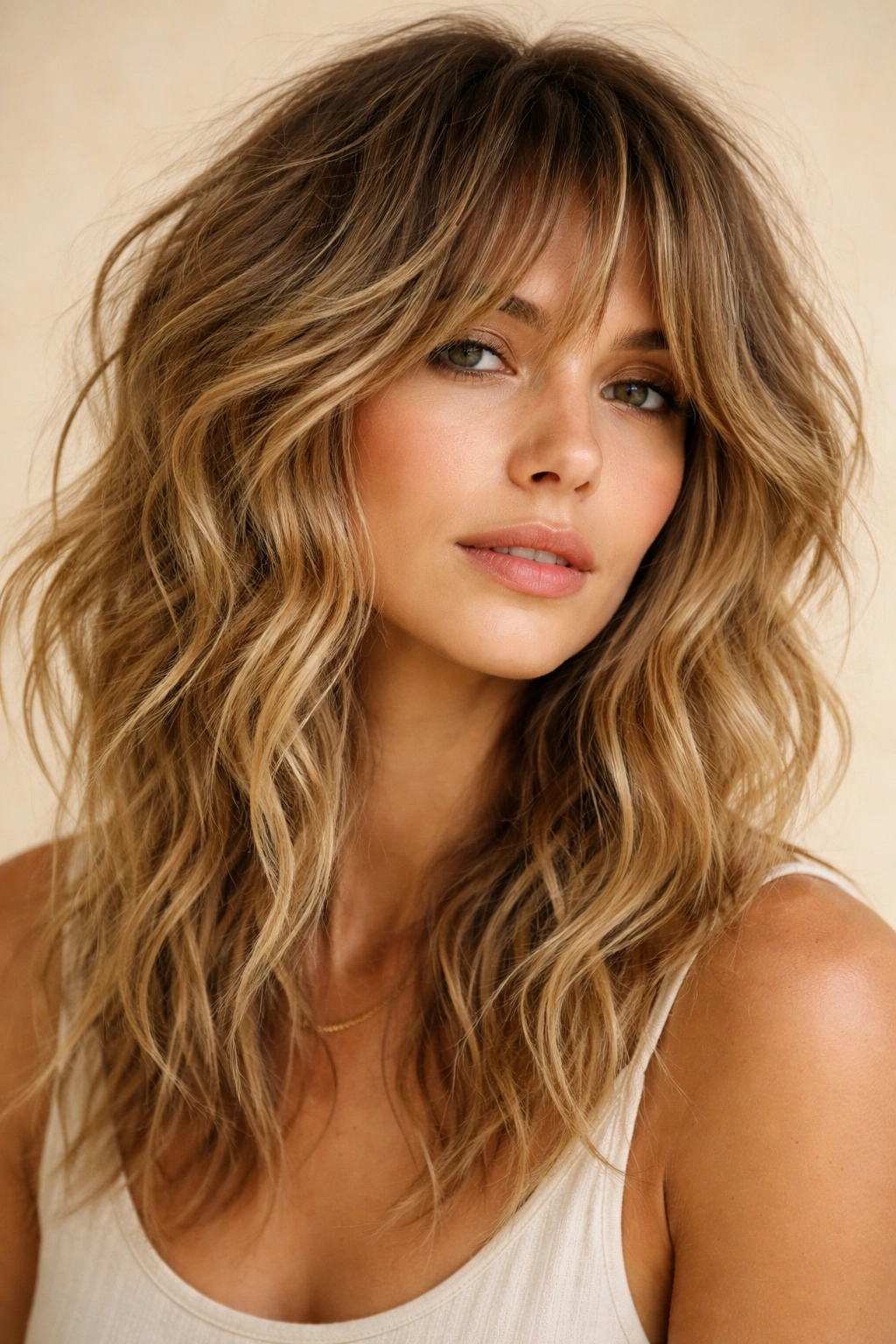 Close-up of a beachy wavy shag hairstyle with tousled texture and choppy layers