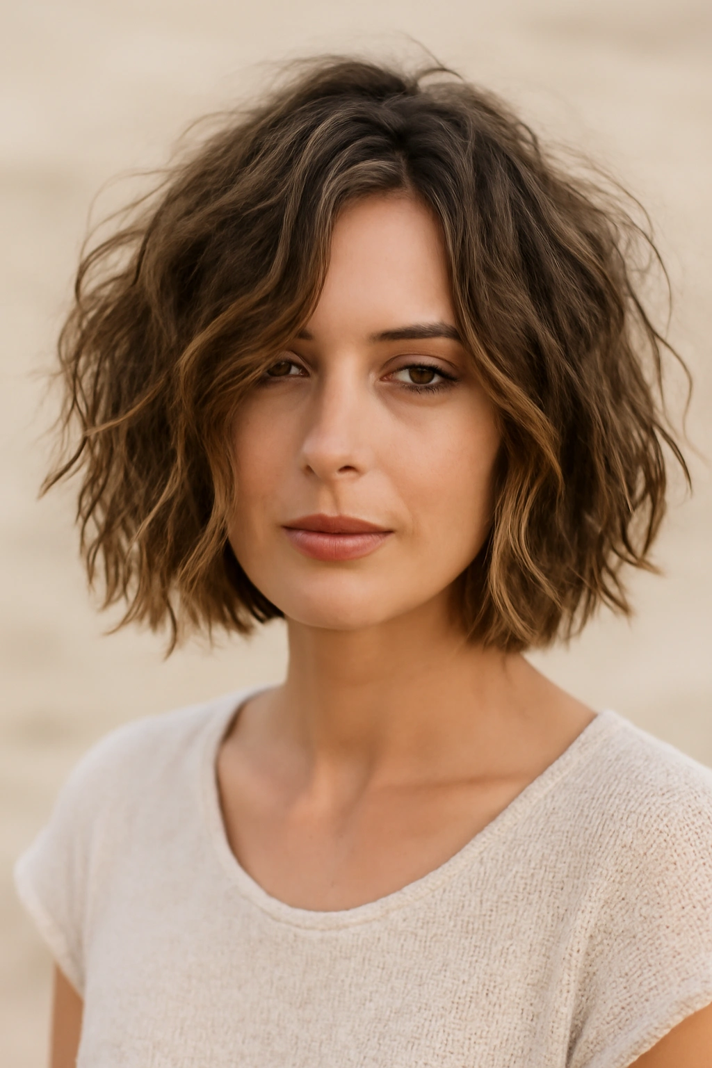 Model with textured beachy wave bob in natural light